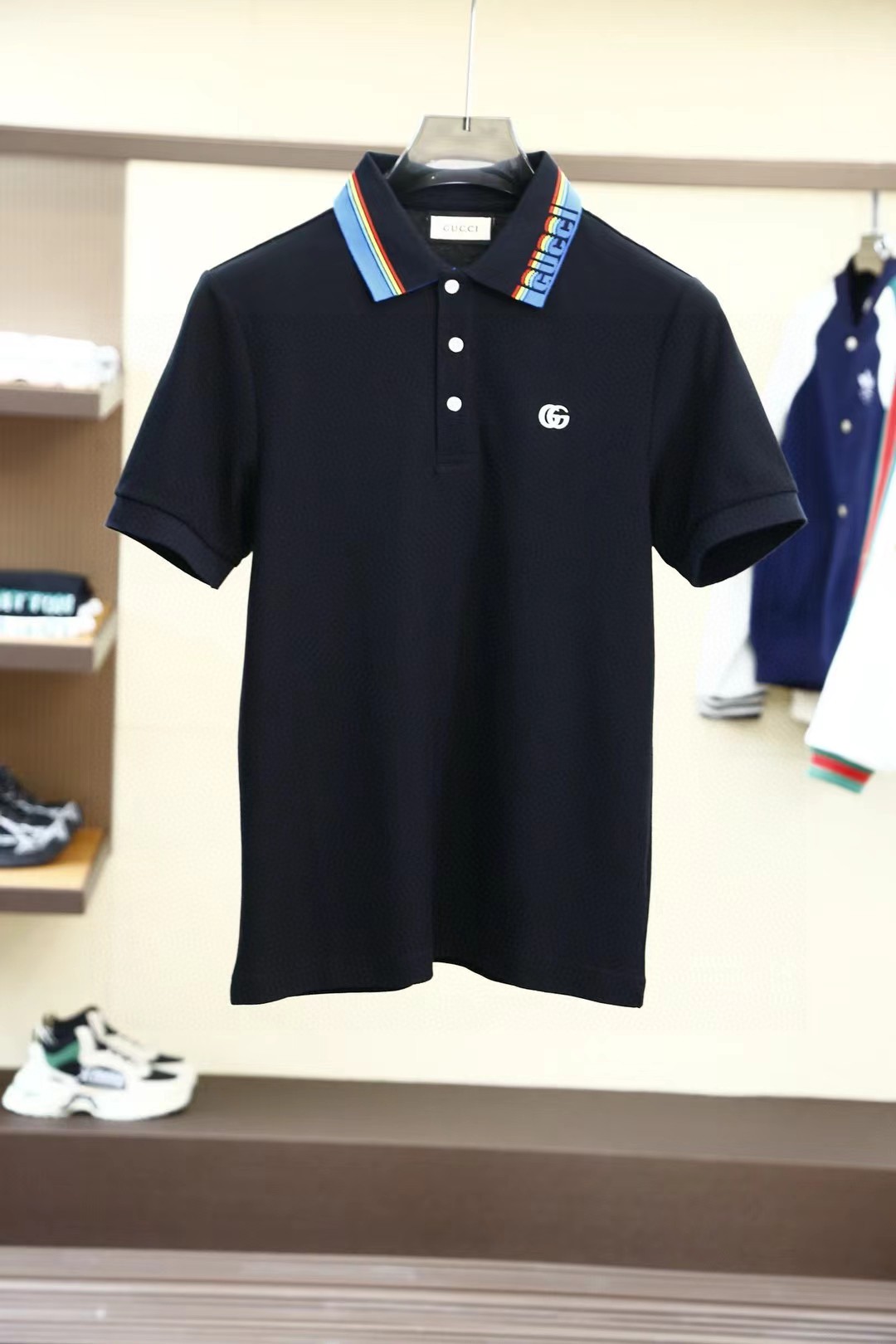 What
 Gucci Clothing Polo T-Shirt Designer High Replica
 Black Blue White Embroidery Men Cotton Knitting Summer Collection Short Sleeve