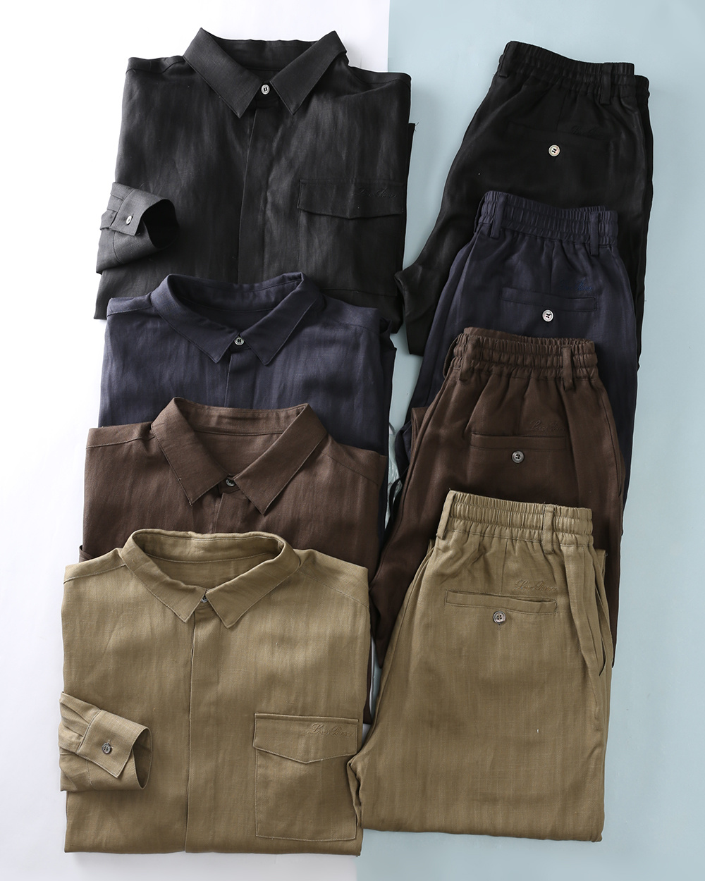 NO:945330,New LP linen suit set, Lor* Piana, 26SS spring and summer new style, men's chest flap pocket embroidered logo old money style long-sleeved shirt + straight drawstring casual pants suit!  Trading company channels are rare, ahead of GW sales!  A classic example of 'old money style' dressing, it is made of top-grade linen material and minimalist tailoring, conveying an unobtrusive sense of luxury. It is suitable for people who pursue quality and prefer a comfortable and casual style. Whether worn alone or in a complete set, it can easily create an elegant and calm temperament.  It is made of 78% linen 22% silk blend imported from customers. The fabric has a natural texture, is breathable and moisture-absorbent, and has a cool feeling. The fabric has been pre-shrunk, so it will not deform or stiffen after long-term wear, and is soft and skin-friendly with time. The chest pockets of the shirt and the back pockets of the pants are embroidered with brand handwriting in the same color, with fine and smooth stitching, low-key to highlight the brand identity. The shirt placket and trousers waistband are equipped with brand-exclusive engraved buttons, which are full of details and texture.  The shirt adopts a lapel design, and the placket adopts concealed button technology, which is simple and elegant; the pleated design of the back panel improves the comfort of wearing and moving; the waistband of the trousers adopts a high-elastic elastic waistband with a drawstring design, which fits the waist and abdomen without tightening, and is suitable for different waist sizes; the straight-leg pants shape modifies the leg shape, and the movement is not restricted. Whether it is a busy work day or an important business social event, this suit can make you stand out and show the style of a business elite!  Item No. D25001 Size 48/M-58/4XL Shirt 48 Shoulder width 44 Bust 108 Clothing length 70 Sleeve length 61 50 Shoulder width 46 Bust 112 Clothing length 71 Sleeve length 62 52 Shoulder width 48 Bust 116 Clothing length 72 Sleeve length 63 54 Shoulder width 50 Bust 1 Clothing length 73 Sleeve length 64 56  Shoulder width 52 Bust 124 Dress length 74 Sleeve length 65 58 Shoulder width 54 Bust 128 Dress length 75 Sleeve length 66 Pants 48 Waist 74-90 Hips 116 Straight 31 Pants length 106 50 Waist 78-92 Hips 1 Straight 31 Pants length 106 52 Waist 82-96 Hips 124 Straight 32  Pants length 107 54 Waist 86-100 Hips 128 straight 32 Pants length 107 56 Waist 90-104 Hips 132 straight 33 Pants length 108 58 Waist 94-108 Hips 136 straight 33 Pants length 108,,loro piana,shirts,19860909新品LP麻料套装一套不拆 Lor* Piana ,26SS春夏新款,男士胸前翻盖式口袋刺绣标识老钱风长袖衬衫+直筒型抽绳休闲裤套装！贸易公司渠道稀出,领先GW发售！「老钱风」穿搭的经典范本,以顶级亚麻材质+极简剪裁,传递出不张扬的高级感.适合追求品质、偏爱舒适随性风格的人群,无论是单穿还是整套搭配,都能轻松营造出优雅从容的气质. 选用客供进口78亚麻22丝绸混纺,布面带有自然肌理感,透气吸湿,自带凉感；面料经过预缩水处理,久穿不易变形、不发硬,越穿越柔软亲肤.衫胸前口袋与裤子后袋均采用同色系品牌手写体刺绣,针脚细密平整,低调彰显品牌身份；衬衫门襟与裤子腰头搭配品牌专属刻字纽扣,细节质感拉满.衬衫采用翻领设计,门襟采用暗扣工艺,简约大气；后片打褶设计,提升穿着活动舒适感；裤子腰头采用高弹松紧腰头搭配抽绳设计,贴合腰腹不勒肉,适配不同腰围；直筒裤型修饰腿型,活动无束缚.无论是在忙碌的工作日,还是重要的商务社交活动中,这款套装都能让您脱颖而出,尽显商务精英的风采！货号D25001 尺码48/M-58/4XL 衬衫 48 肩宽44胸围108衣长70袖长61 50 肩宽46胸围112衣长71袖长62 52 肩宽48胸围116衣长72袖长63 54 肩宽50胸围1衣长73袖长64 56 肩宽52胸围124衣长74袖长65 58 肩宽54胸围128衣长75袖长66 裤子 48 腰围74-90 臀围116直挡31 裤长106 50 腰围78-92 臀围1直挡31 裤长106 52 腰围82-96 臀围124直挡32 裤长107 54 腰围86-100 臀围128直挡32 裤长107 56 腰围90-104 臀围132直挡33 裤长108 58 腰围94-108 臀围136直挡33 裤长108,,loro piana,shirts,,Men's clothing