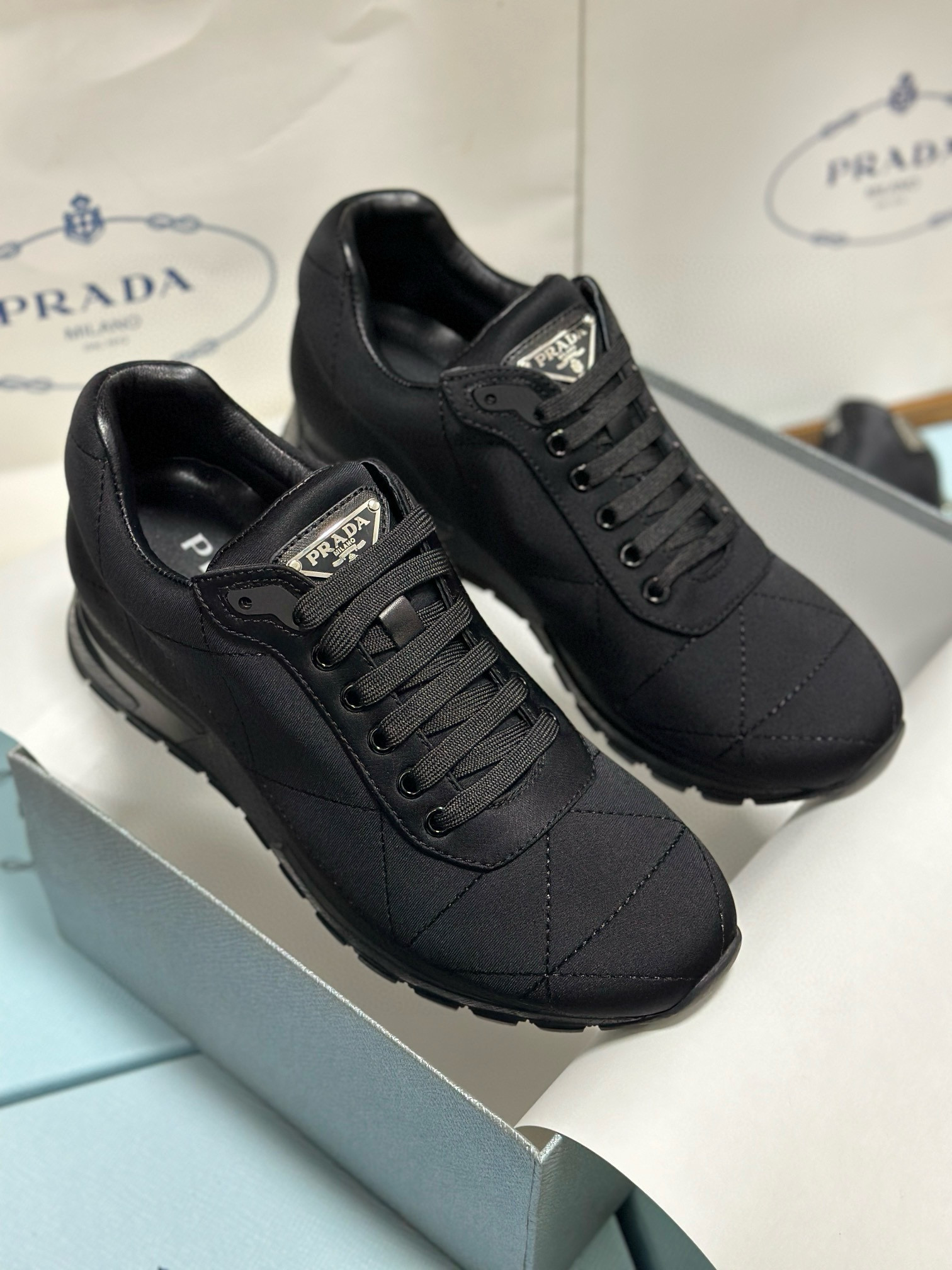 Prada Men's Black Fabric & Leather Sneakers - Comfortable & Durable 1 Prada Men's Black Fabric & Leather Sneakers - Comfortable & Durable