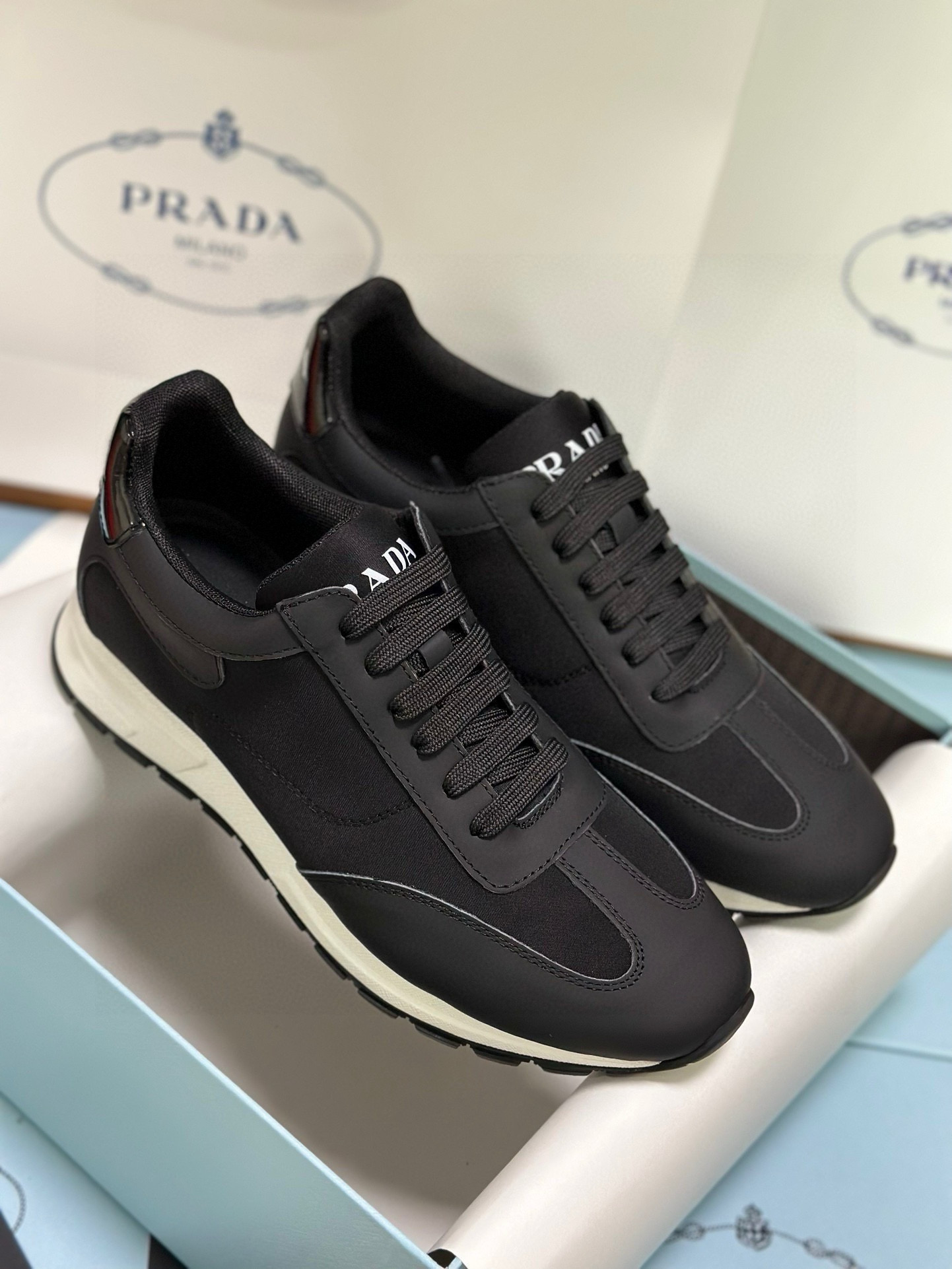 Prada Men's Black Leather and Fabric Sneakers with Lightweight Sole 2 i1743471812338 6009 0 0