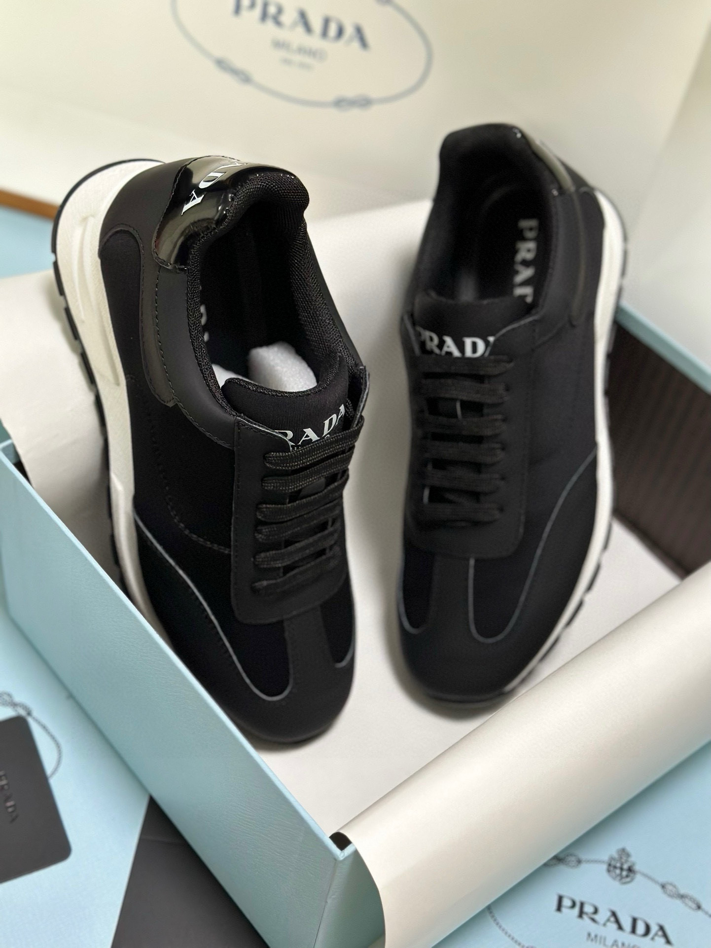 Prada Men's Black Leather and Fabric Sneakers with Lightweight Sole 9 i1743471812340 9436 0 7