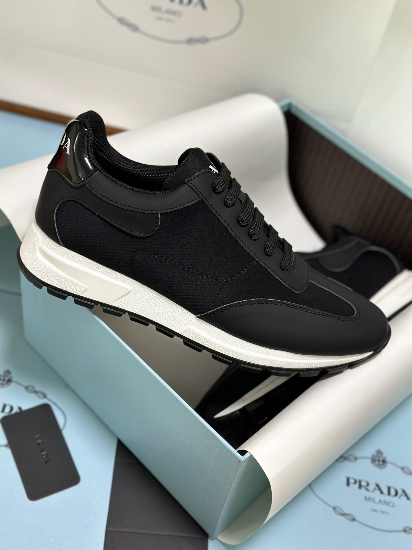 Prada Men's Black Leather and Fabric Sneakers with Lightweight Sole 3 i1743471812341 9245 0 1