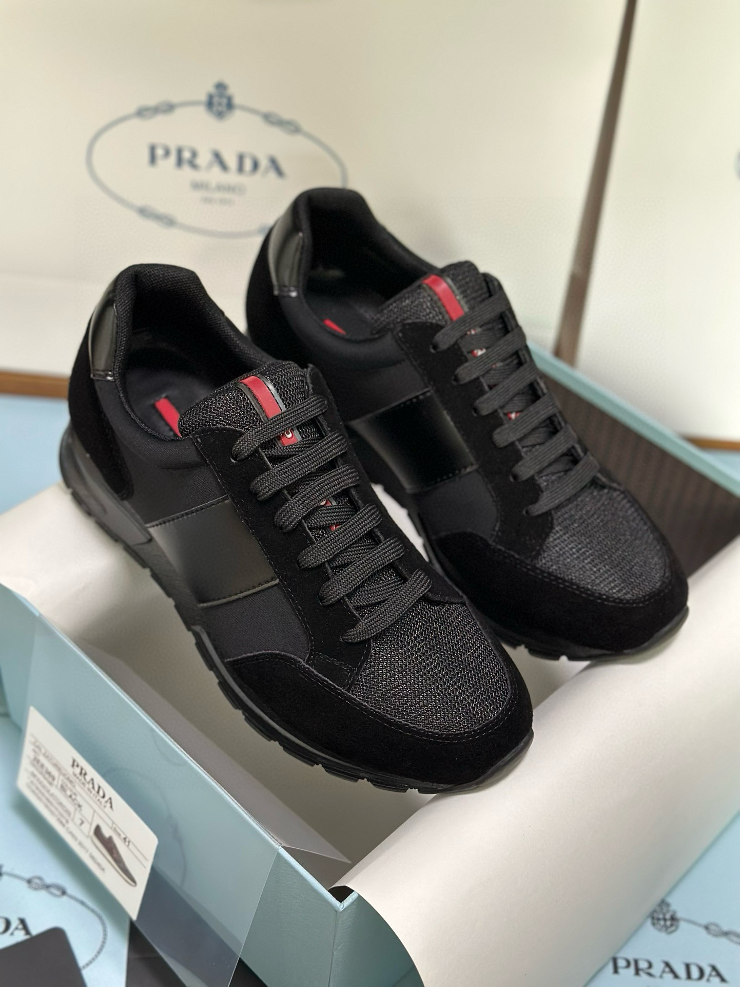 Prada Men's Black Fabric and Leather Combination Lace-Up Sneakers 1 Prada Men's Black Fabric and Leather Combination Lace-Up Sneakers