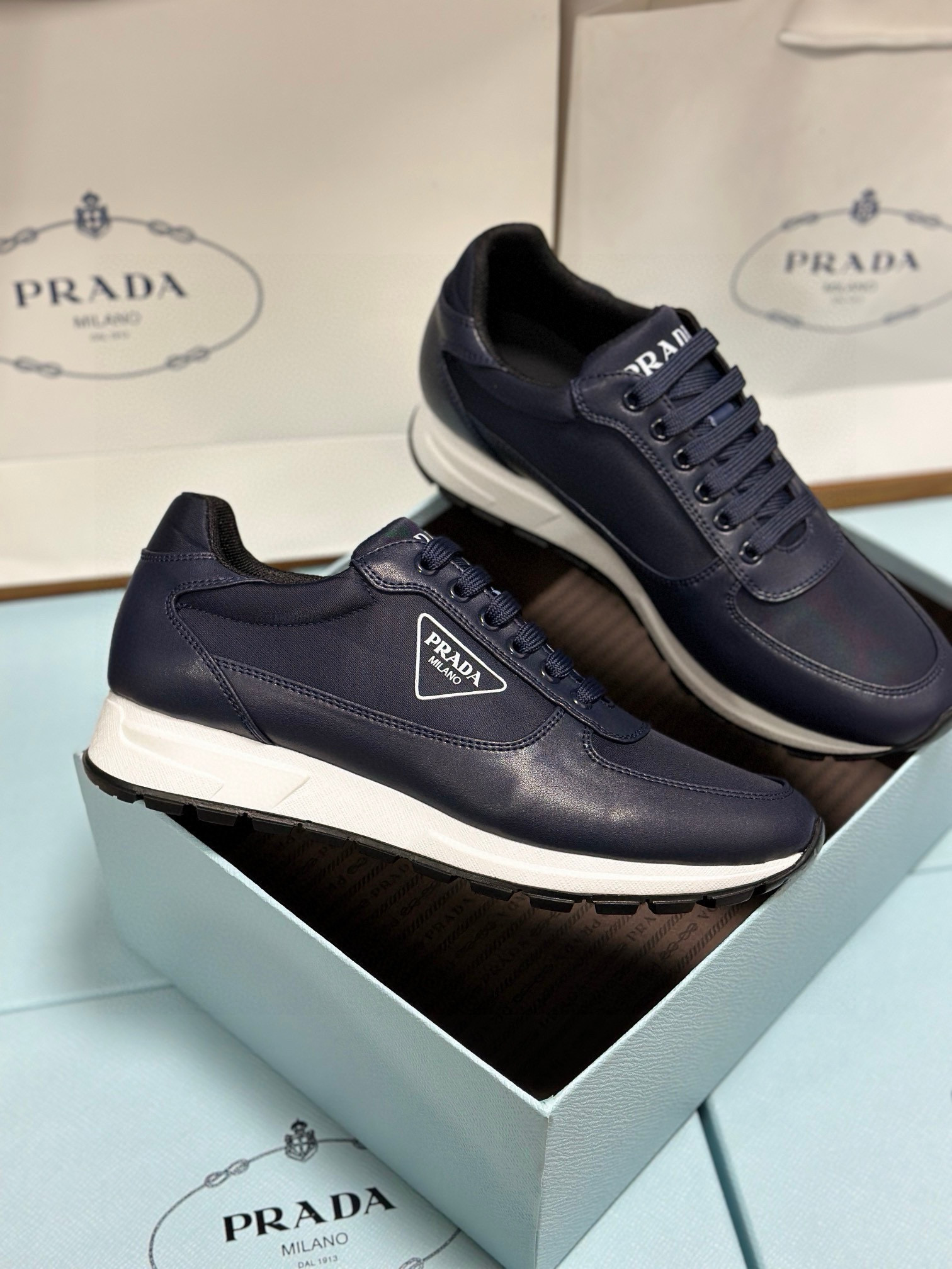 Prada Men's Leather-Trimmed Sneakers Size 38-44 – Italian Fabric, Lambskin Lining 3 i1743471882194 4748 0 1