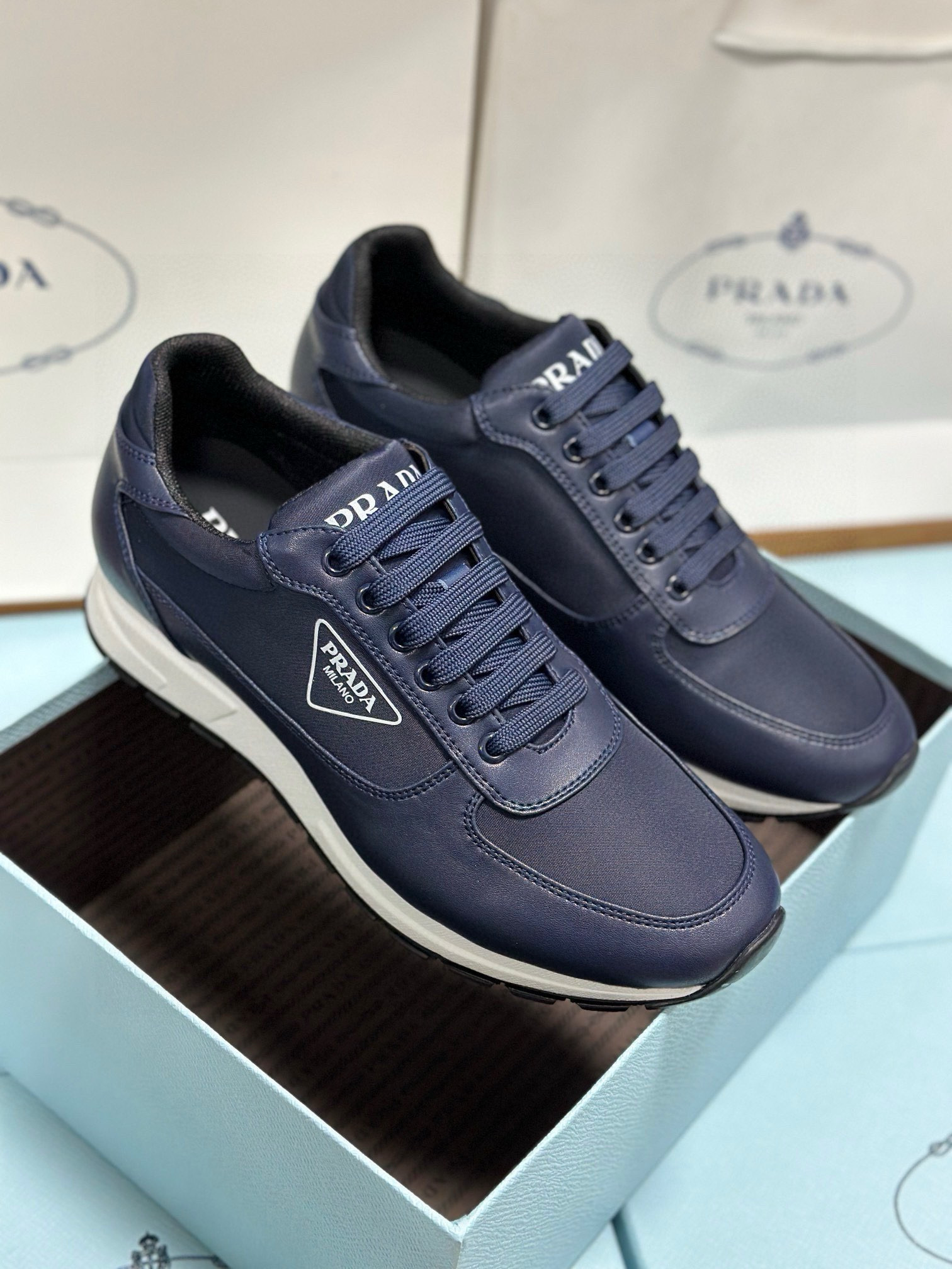 Prada Men's Leather-Trimmed Sneakers Size 38-44 – Italian Fabric, Lambskin Lining 2 i1743471882194 6754 0 0