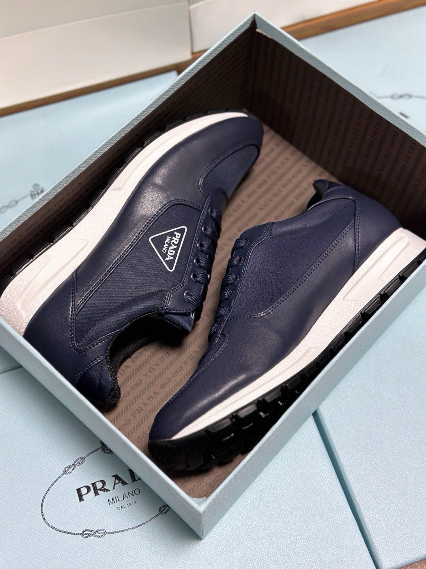 Prada Men's Leather-Trimmed Sneakers Size 38-44 – Italian Fabric, Lambskin Lining 6 i1743471882339 4029 0 4
