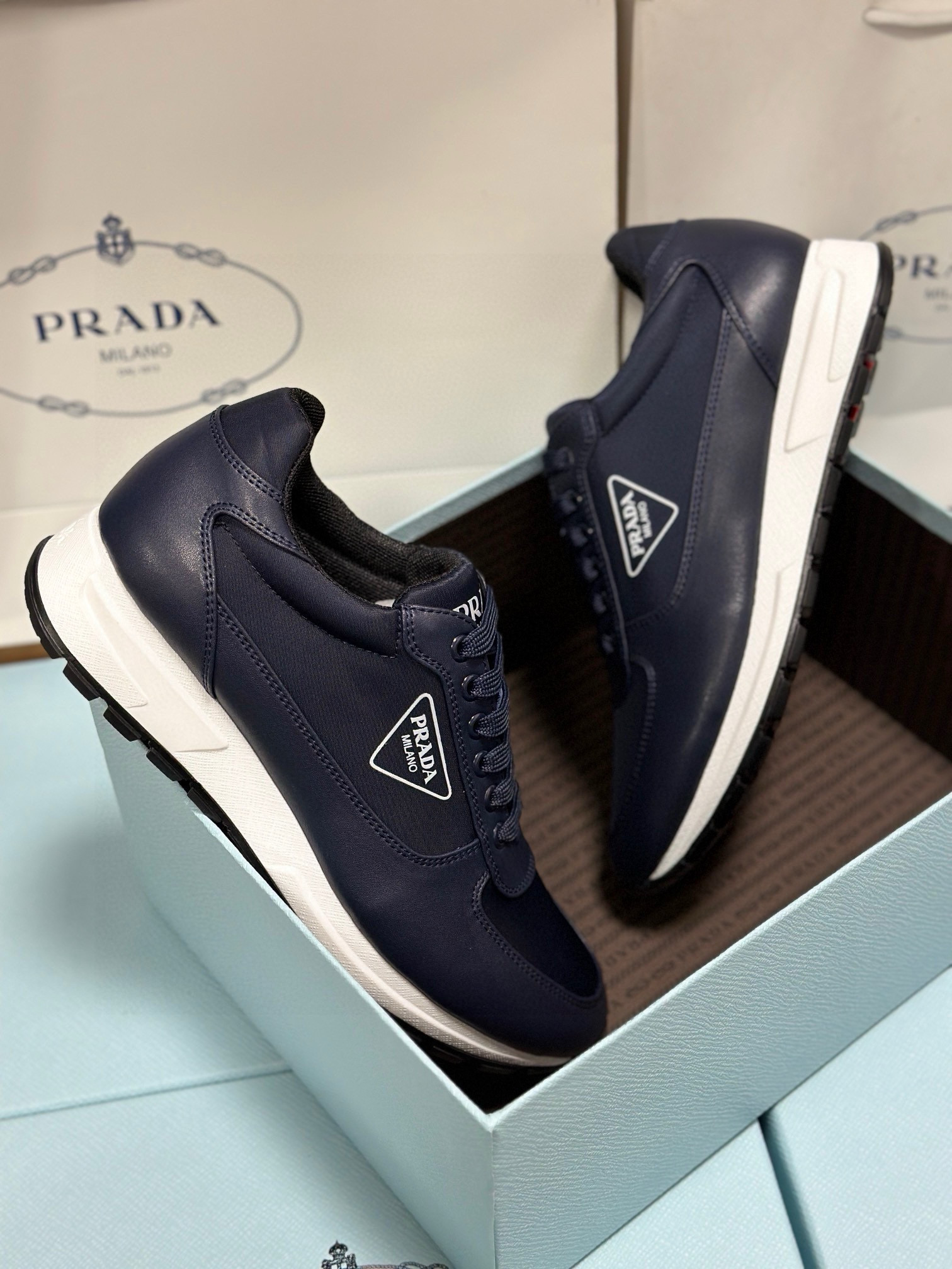 Prada Men's Leather-Trimmed Sneakers Size 38-44 – Italian Fabric, Lambskin Lining 4 i1743471882861 9987 0 2