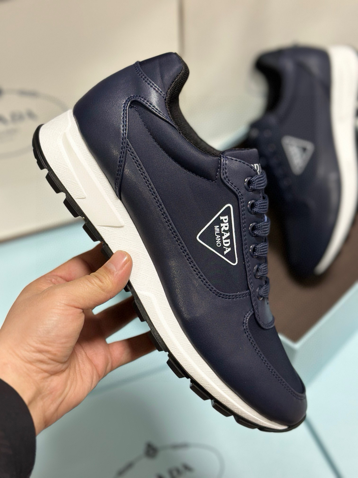 Prada Men's Leather-Trimmed Sneakers Size 38-44 – Italian Fabric, Lambskin Lining 7 i1743471882862 6240 0 5