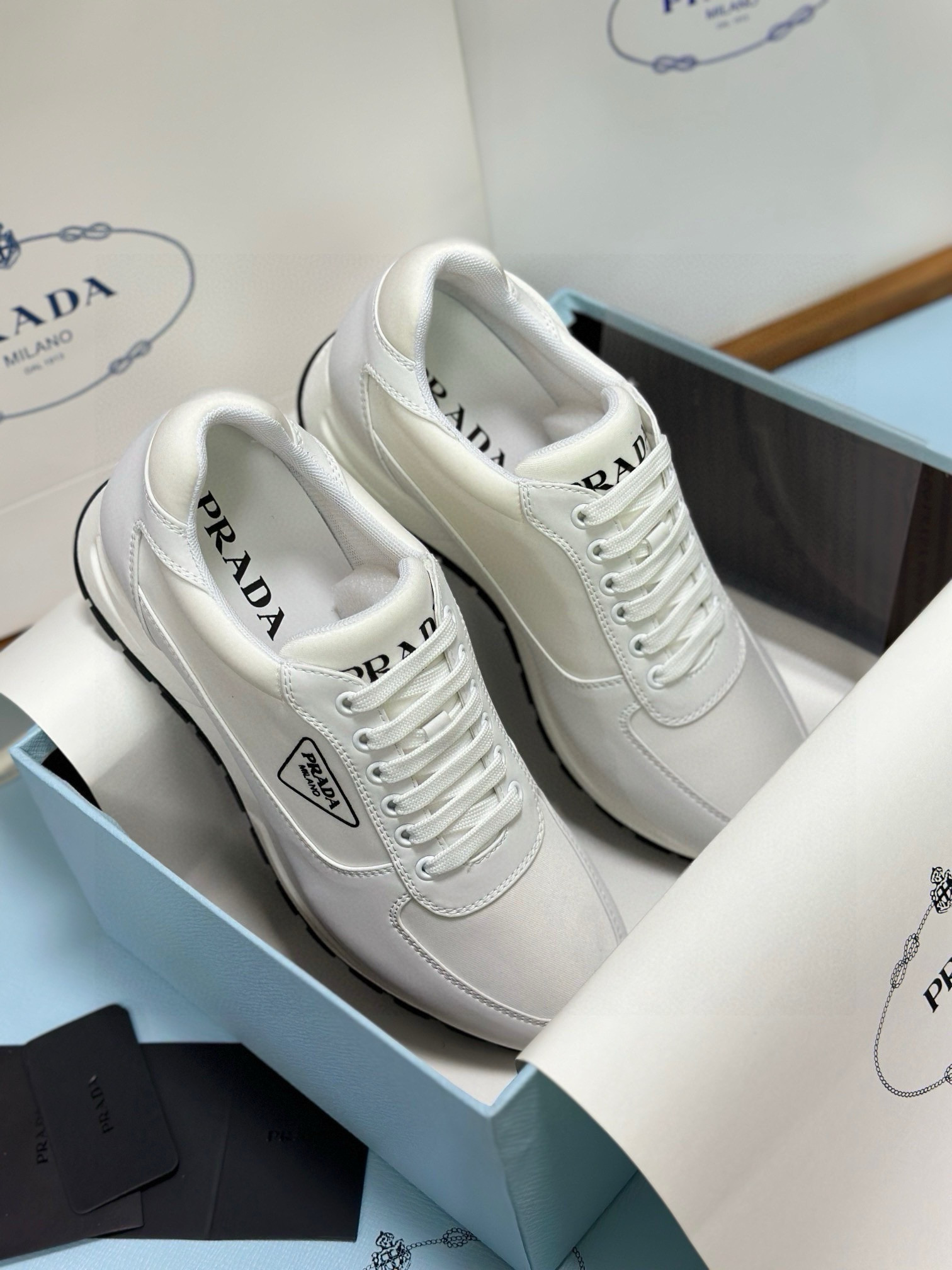 Prada Men's White Leather and Fabric Low-Top Sneakers - Sizes 38-46 9 i1743471894527 3559 0 7