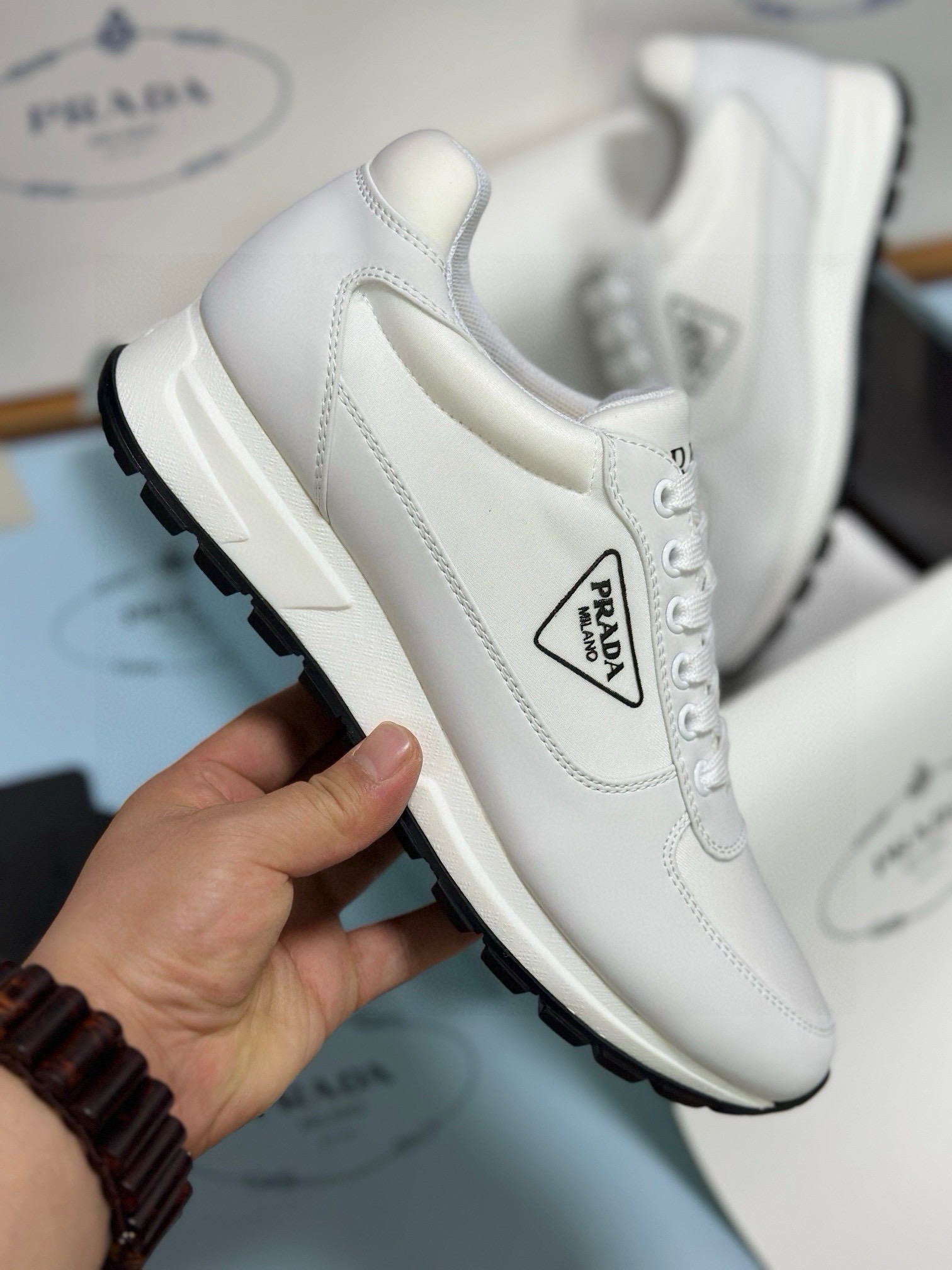 Prada Men's White Leather and Fabric Low-Top Sneakers - Sizes 38-46 4 i1743471894719 9570 0 2