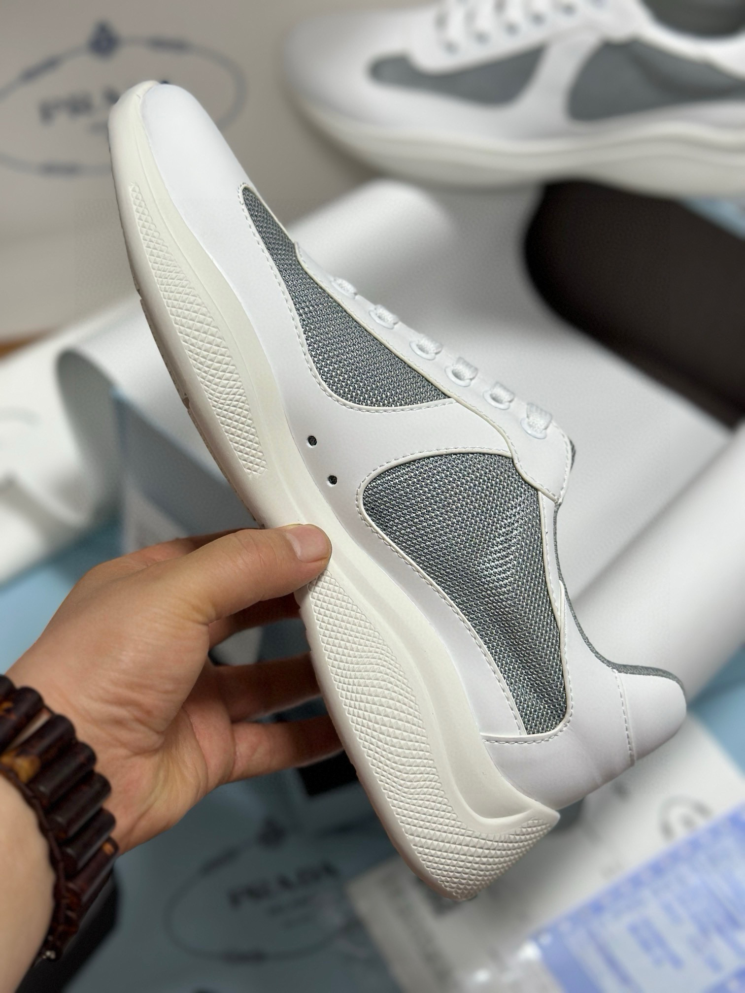 Prada Men's White Leather and Mesh Lace-Up Sneakers 8 i1743471919861 2792 0 6