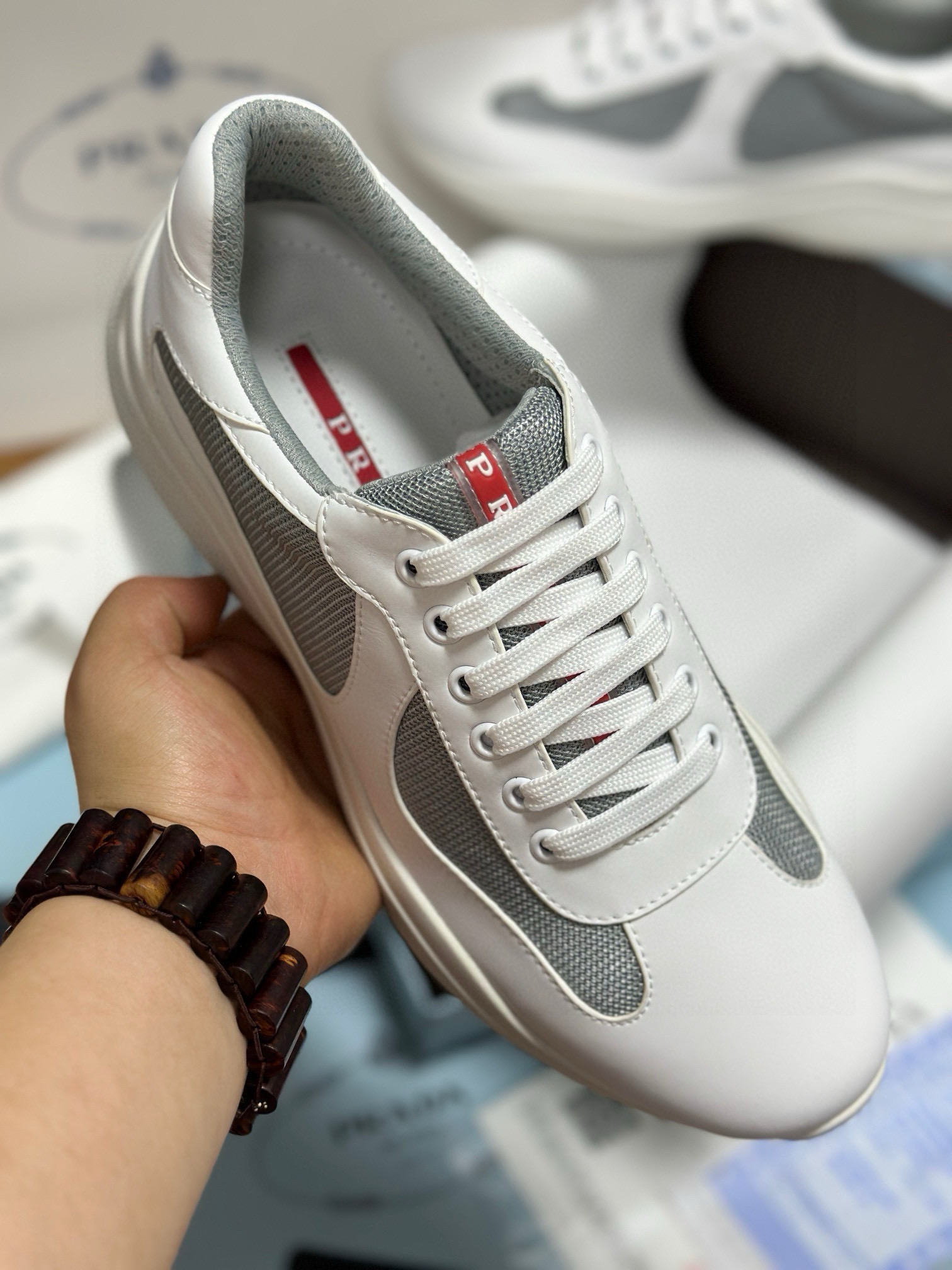 Prada Men's White Leather and Mesh Lace-Up Sneakers 7 i1743471919861 3608 0 5