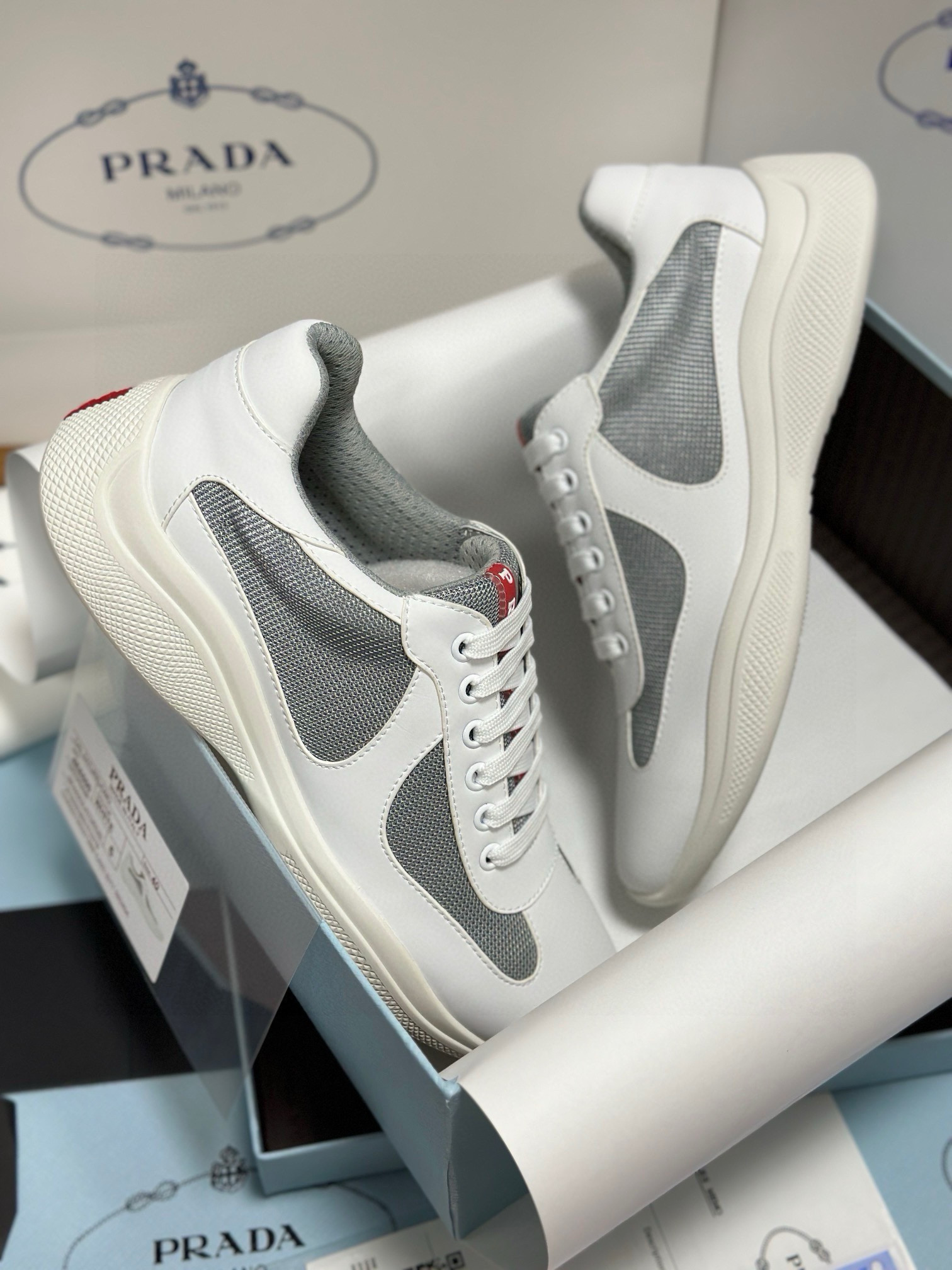 Prada Men's White Leather and Mesh Lace-Up Sneakers 4 i1743471919861 4571 0 2
