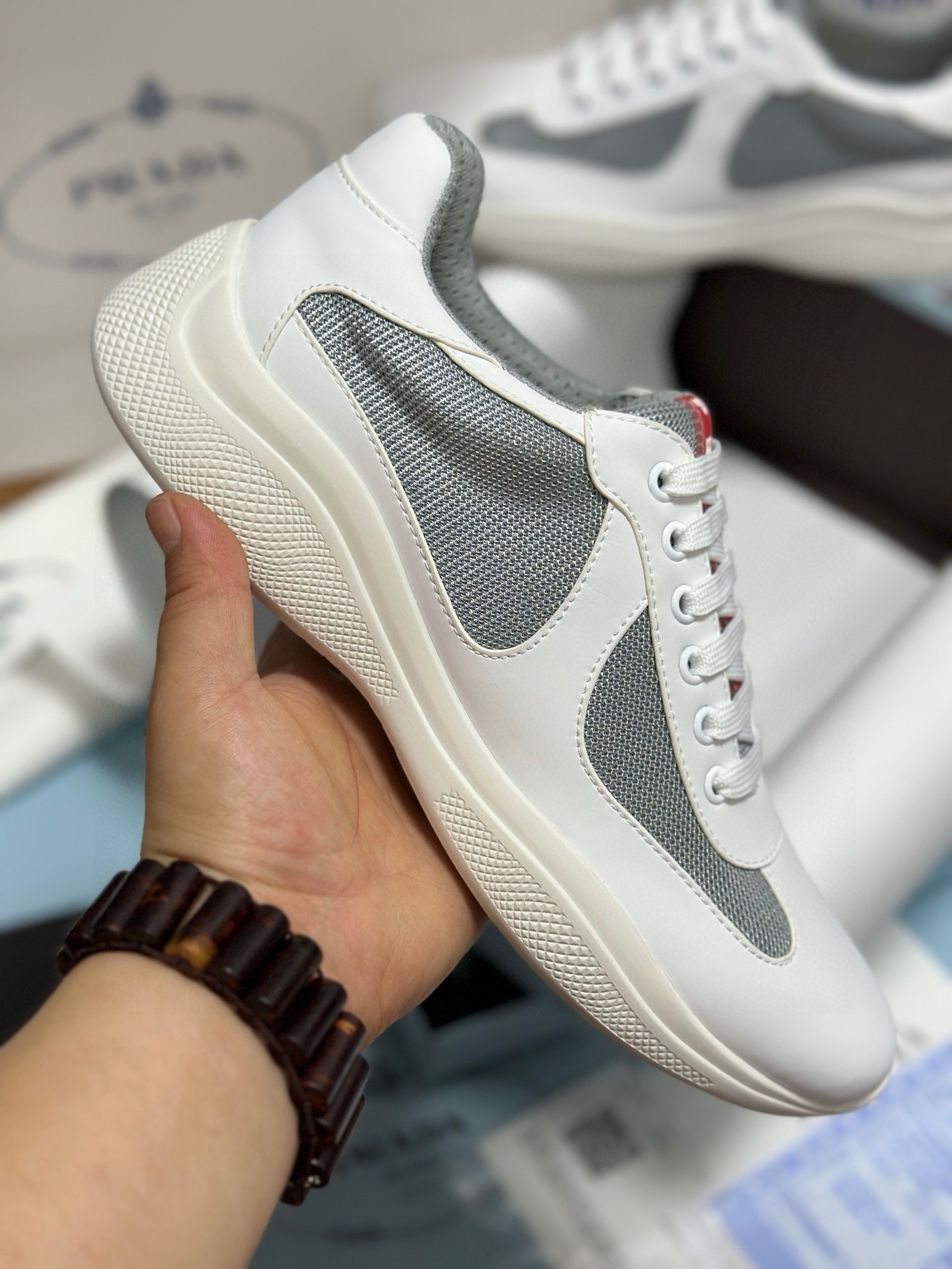 Prada Men's White Leather and Mesh Lace-Up Sneakers 6 i1743471919862 336 0 4