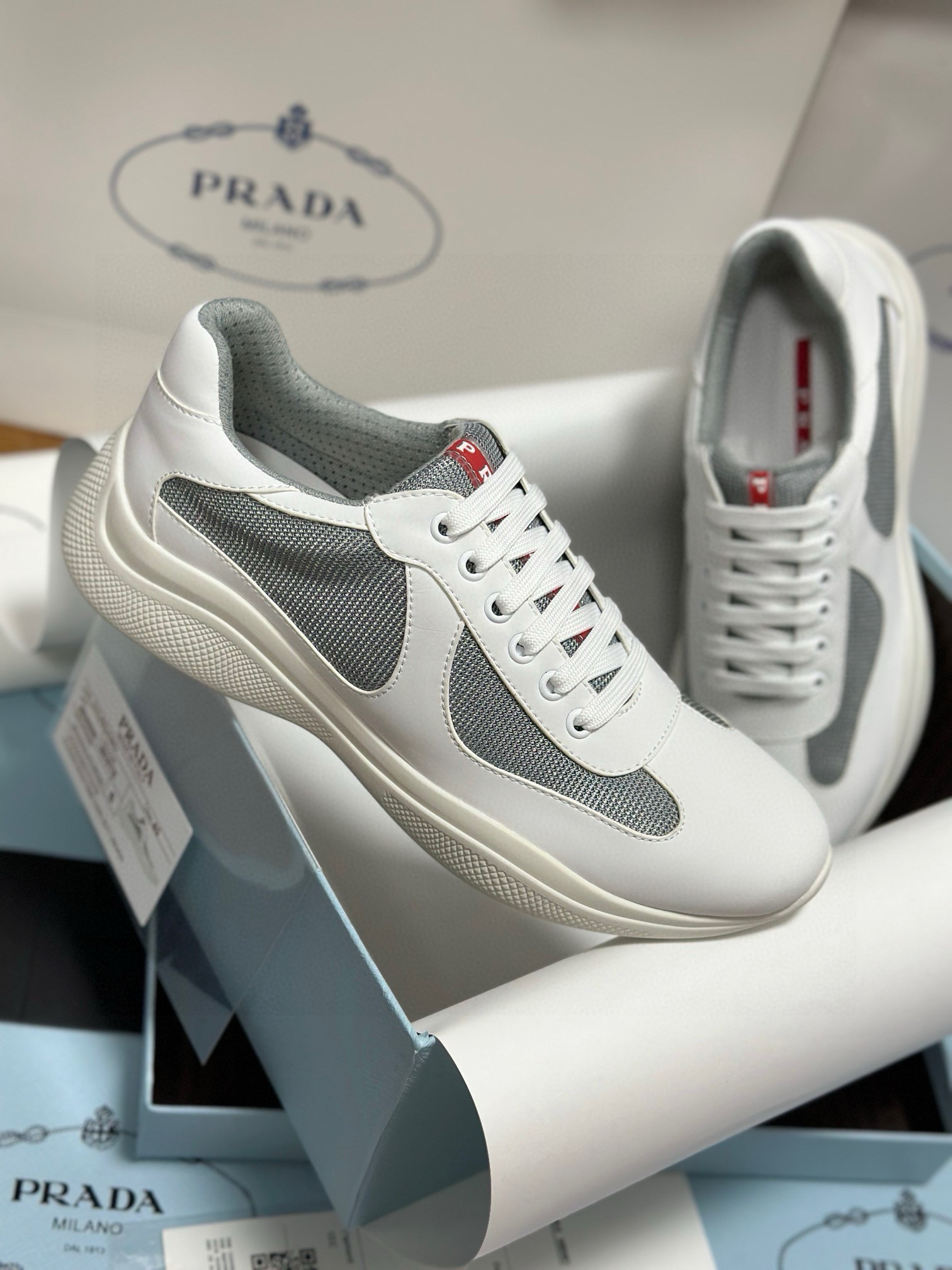 Prada Men's White Leather and Mesh Lace-Up Sneakers 5 i1743471920062 8825 0 3