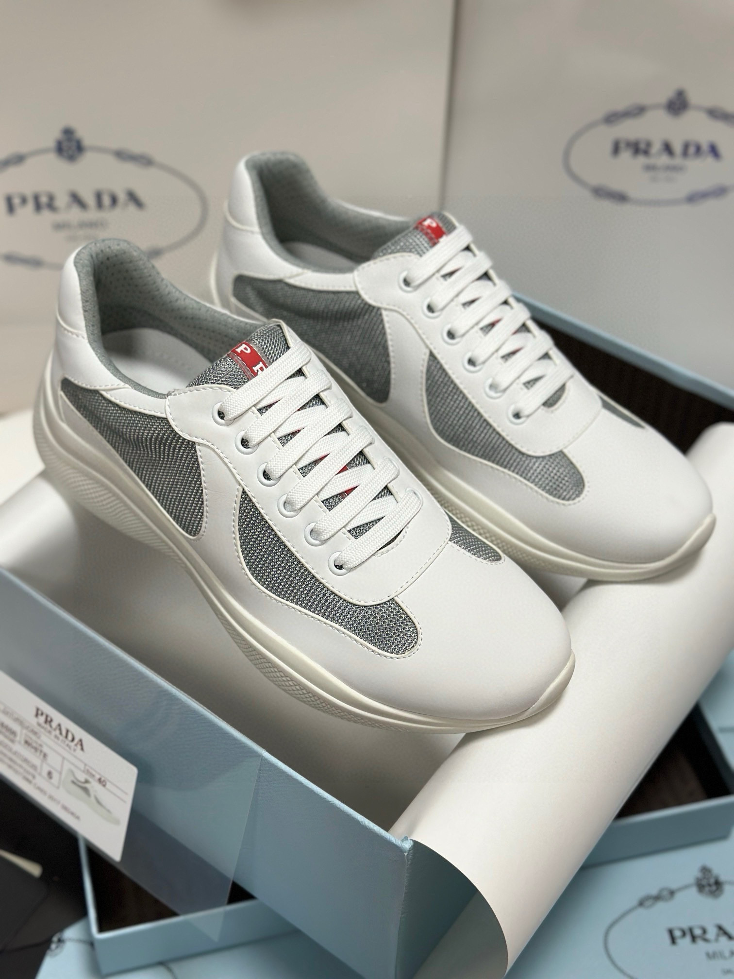 Prada Men's White Leather and Mesh Lace-Up Sneakers 1 Prada Men's White Leather and Mesh Lace-Up Sneakers