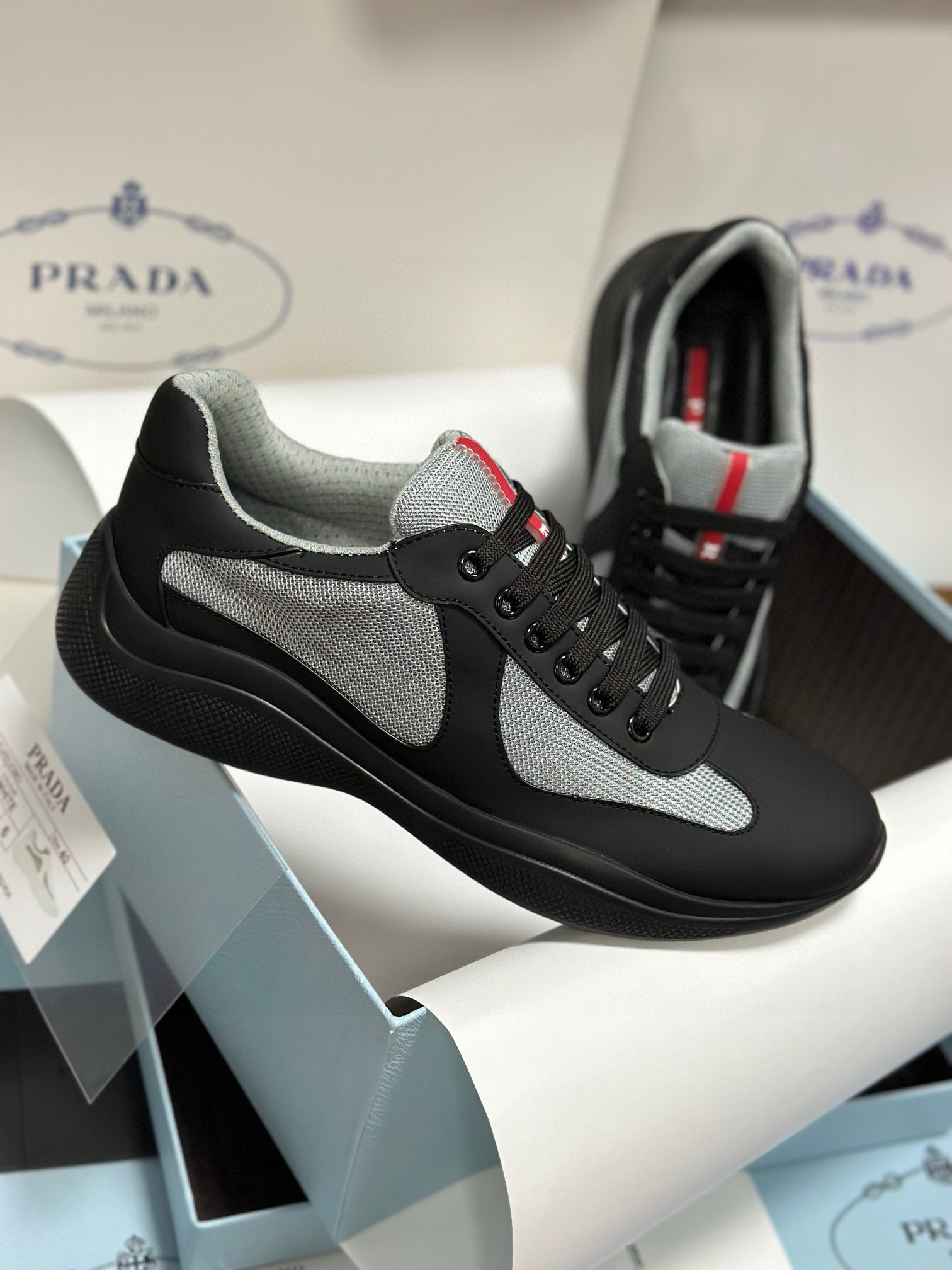 Prada Men's Black Leather and Fabric Lightweight Sneakers, Sizes 38-44 7 i1743471942112 4770 0 5