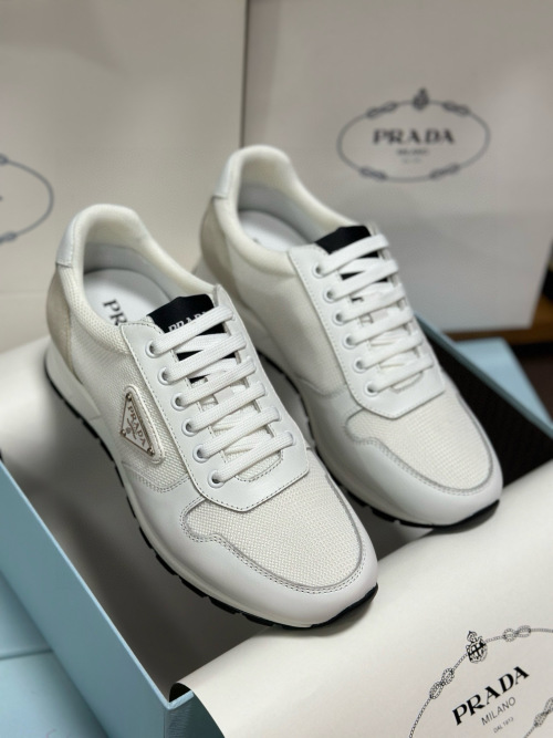 Prada Men's White Leather and Fabric Sneakers - Italian Craftsmanship 1 Prada Men's White Leather and Fabric Sneakers - Italian Craftsmanship