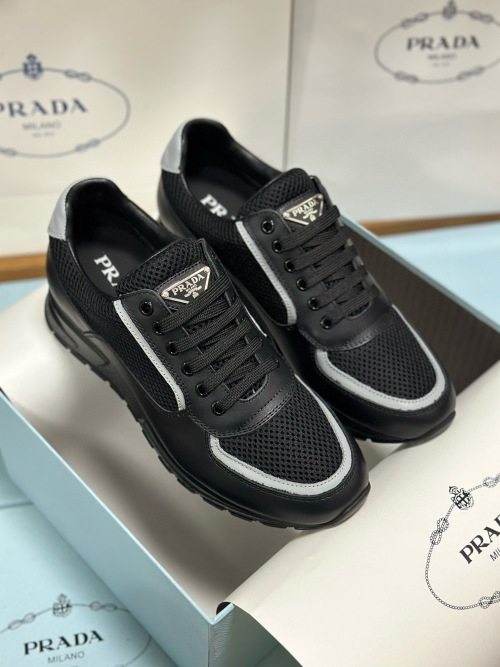Prada Men's Black Leather and Mesh Sneakers, Size 38-46, Comfortable 1 Prada Men's Black Leather and Mesh Sneakers, Size 38-46, Comfortable
