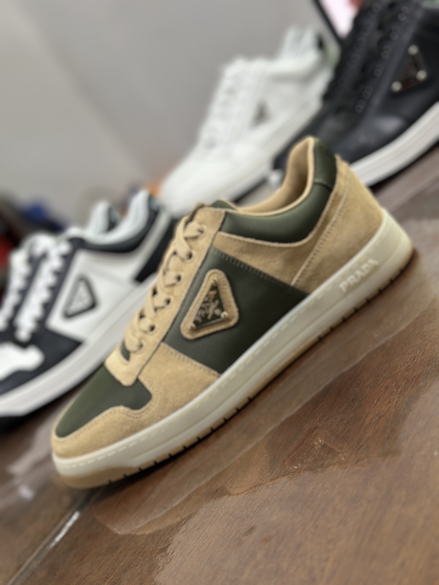 Prada Men's Leather & Suede Low-Top Sneakers with Logo Accent, Olive Green 5 i1744446673452 1345 0 3