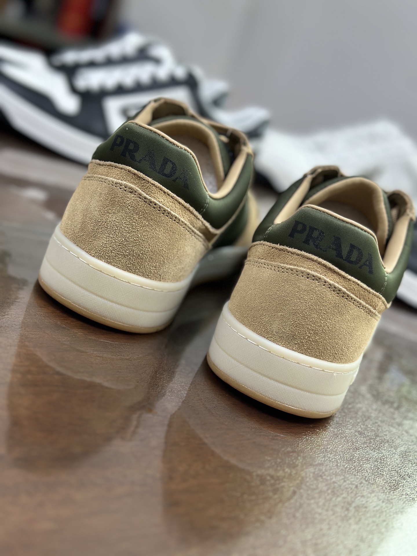 Prada Men's Leather & Suede Low-Top Sneakers with Logo Accent, Olive Green 4 i1744446673468 1276 0 2