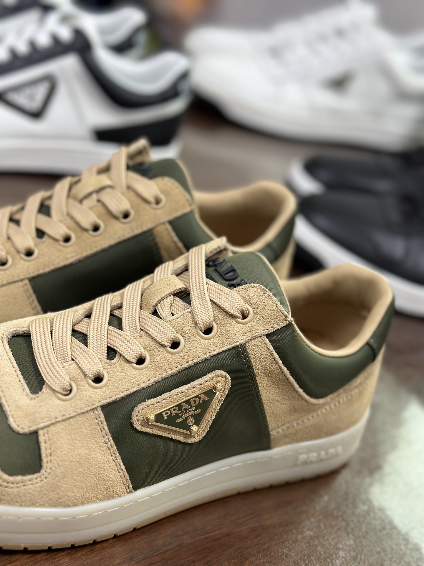 Prada Men's Leather & Suede Low-Top Sneakers with Logo Accent, Olive Green 6 i1744446673478 1350 0 4