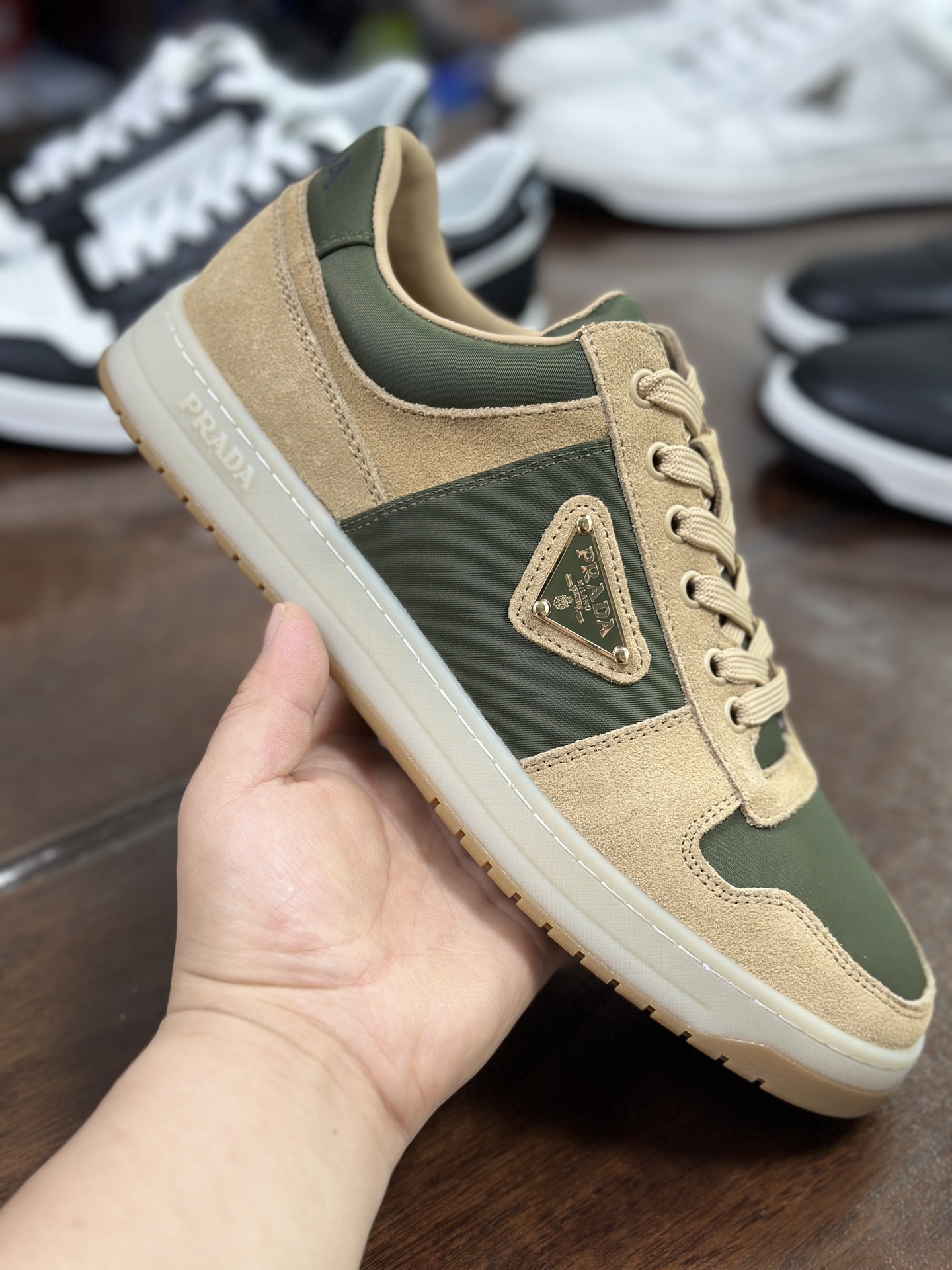 Prada Men's Leather & Suede Low-Top Sneakers with Logo Accent, Olive Green 7 i1744446673485 6452 0 5