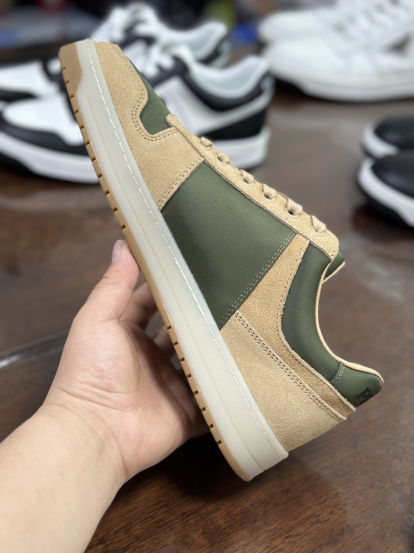 Prada Men's Leather & Suede Low-Top Sneakers with Logo Accent, Olive Green 9 i1744446674263 1244 0 7