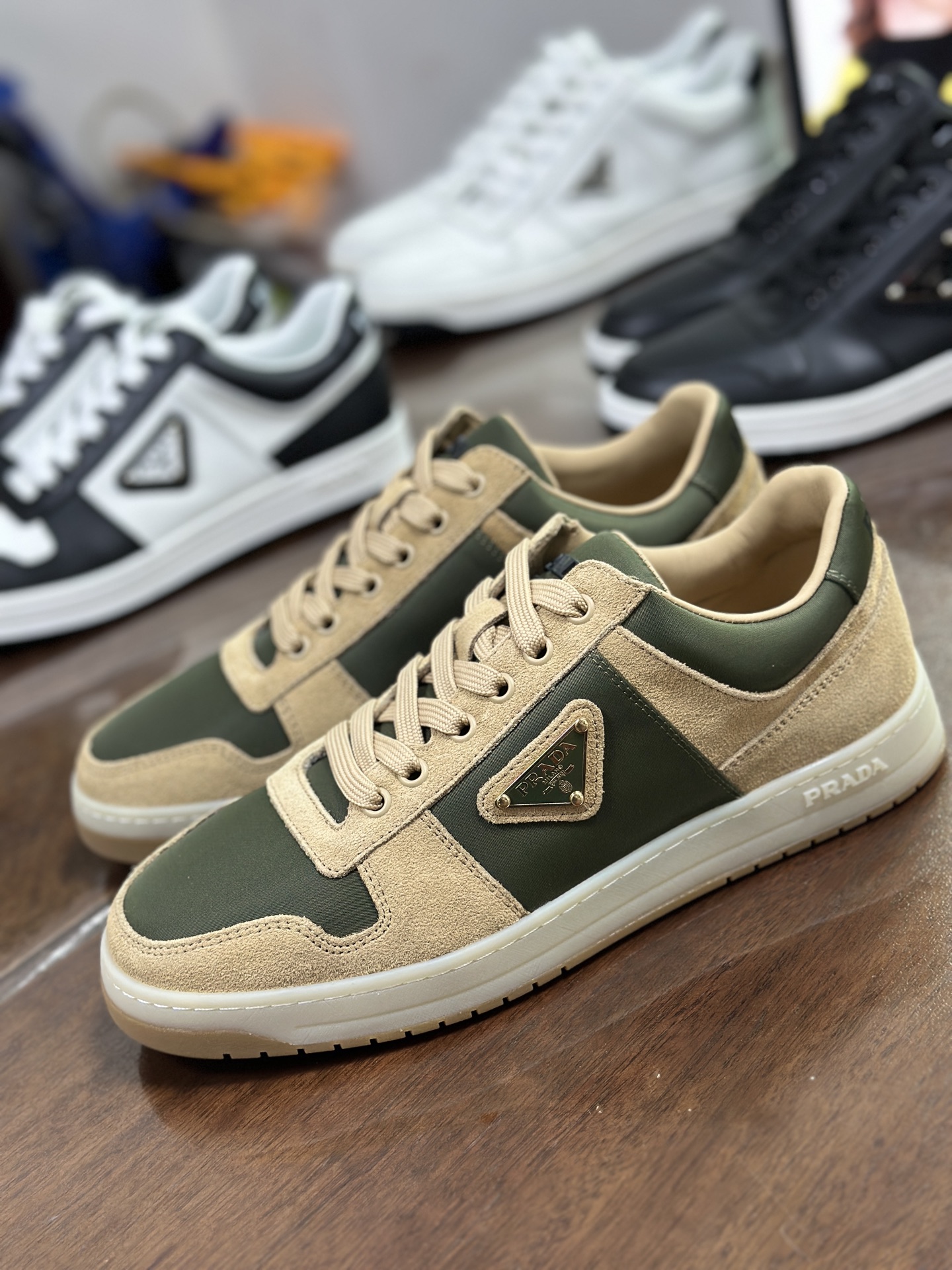 Prada Men's Leather & Suede Low-Top Sneakers with Logo Accent, Olive Green 3 i1744446674263 3107 0 1