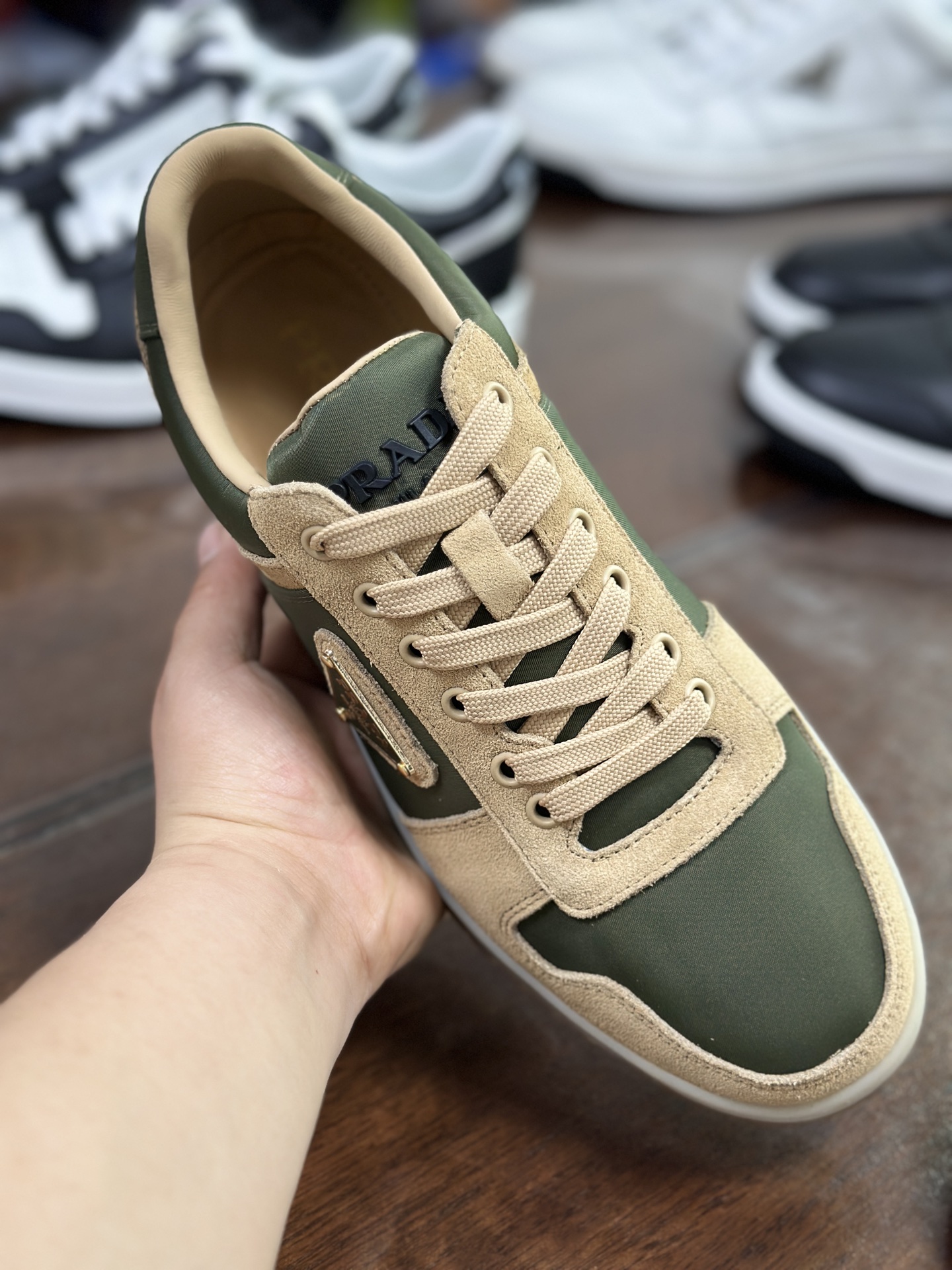 Prada Men's Leather & Suede Low-Top Sneakers with Logo Accent, Olive Green 8 i1744446674277 533 0 6