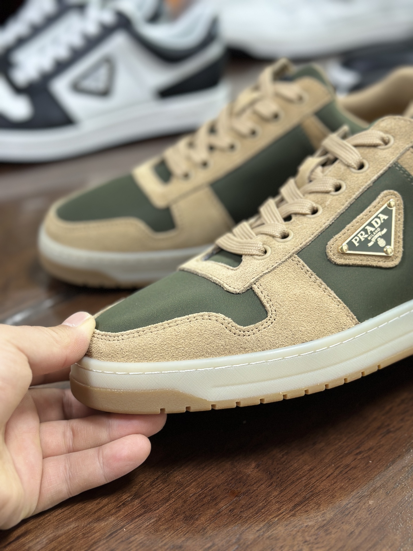 Prada Men's Leather & Suede Low-Top Sneakers with Logo Accent, Olive Green 10 i1744446674314 2994 0 8