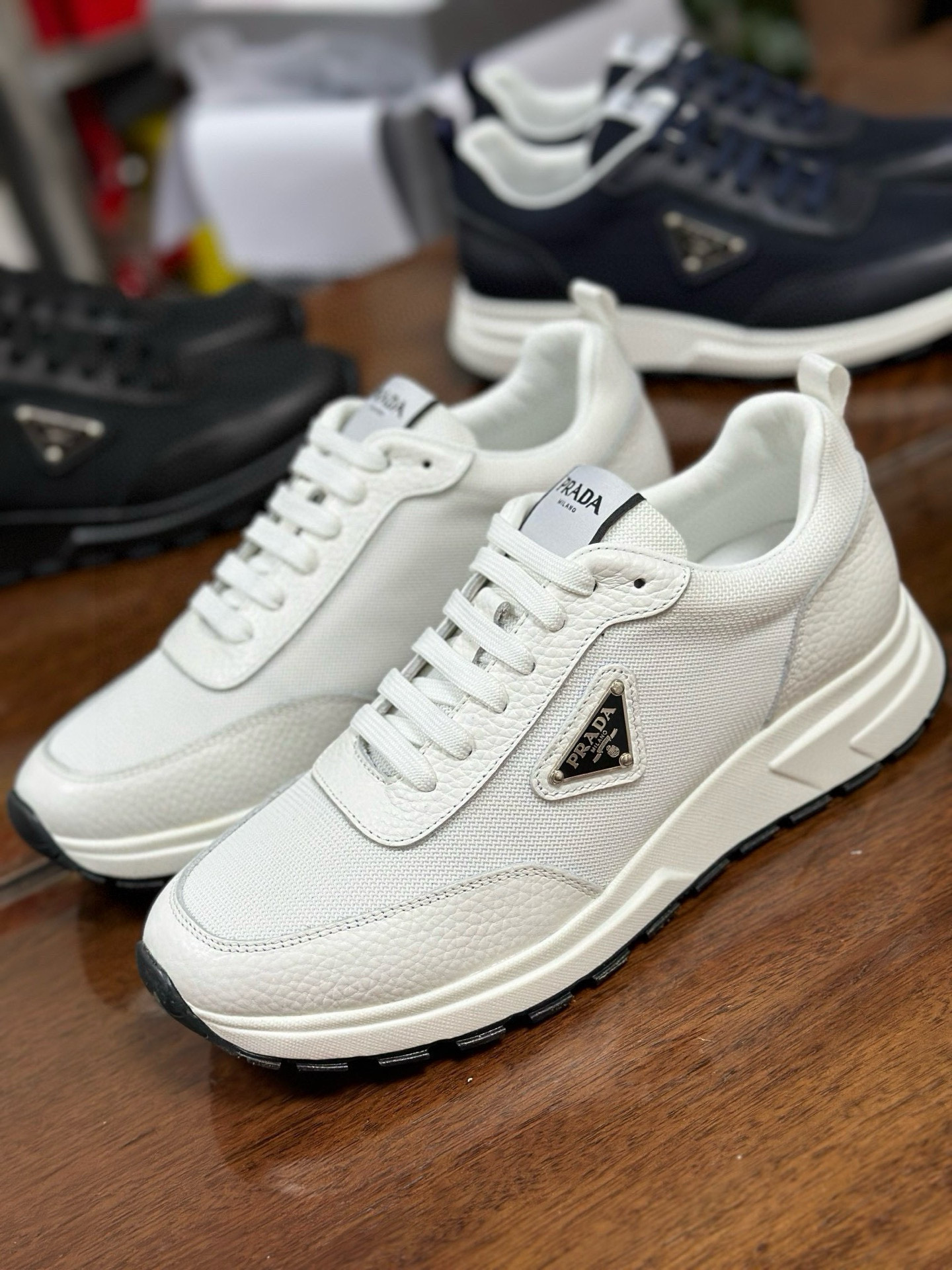 Prada Men's White Leather and Fabric Lightweight Lace-Up Sneakers