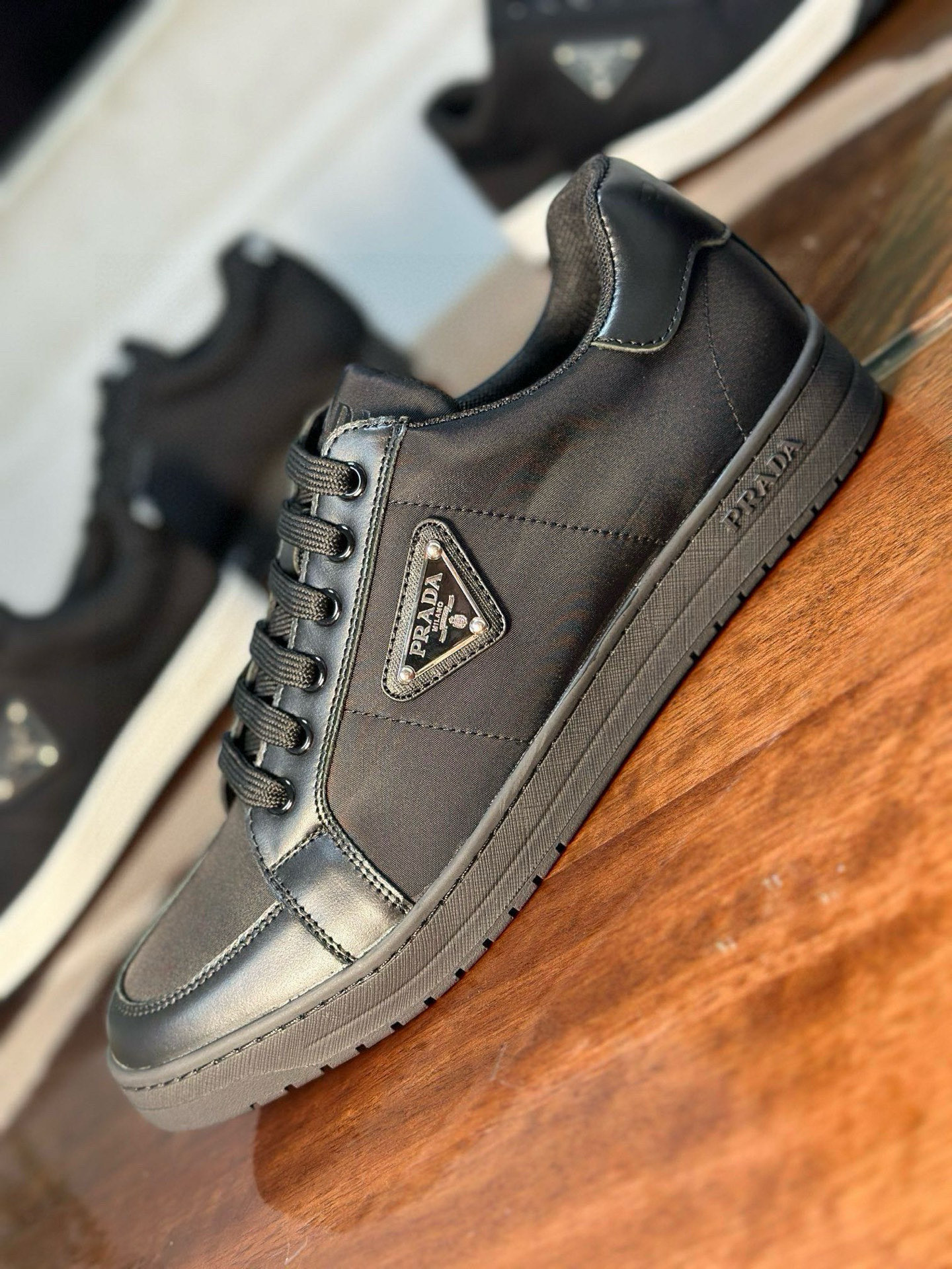 Prada Men's Black Leather-Trimmed Low-Top Sneakers - Style & Comfort Combined 5 i1752198957489 4427 0 3