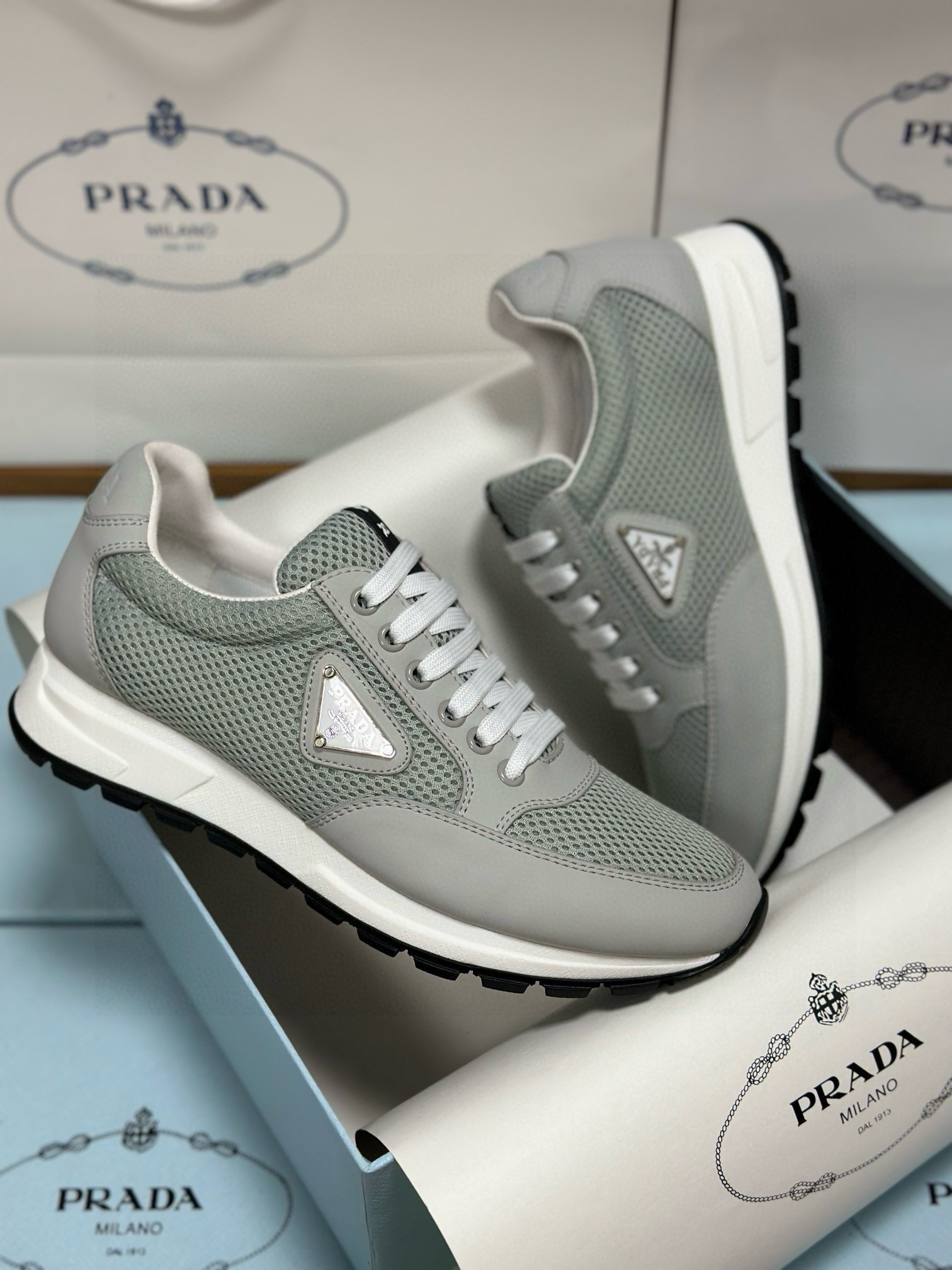 Prada Men's Gray Leather and Mesh Lightweight Sneakers, Sizes 38-46 5 i1752375195101 7241 0 3