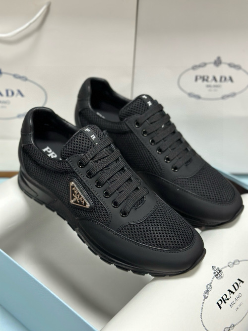 Prada Men's Black Leather and Mesh Sneakers, Lightweight & Comfortable