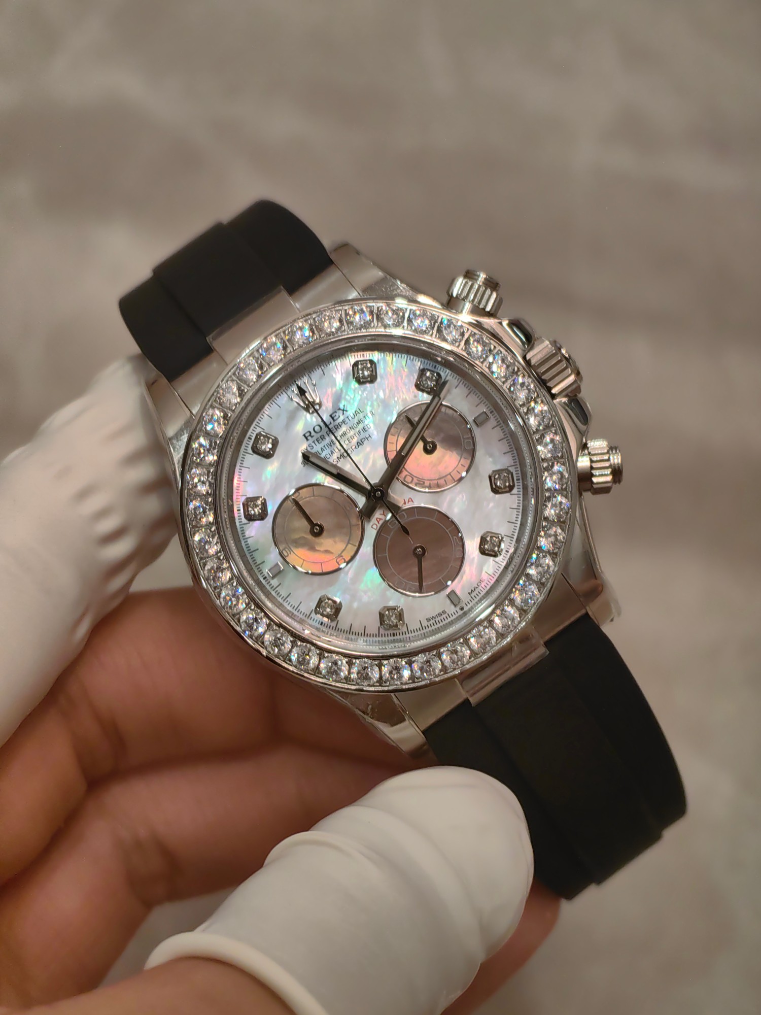 NO:385165,FH factory Ditona 126589 weight version, artificially cultivated diamond, real Fritillar plate, can be repeatedly wrapped in gold without peeling, 4131 integrated movement,19860909FH factory 迪通拿126589配重版 人工培育钻 真贝母盘 不掉皮不掉色可以反复包金 4131一体机芯,,Watch