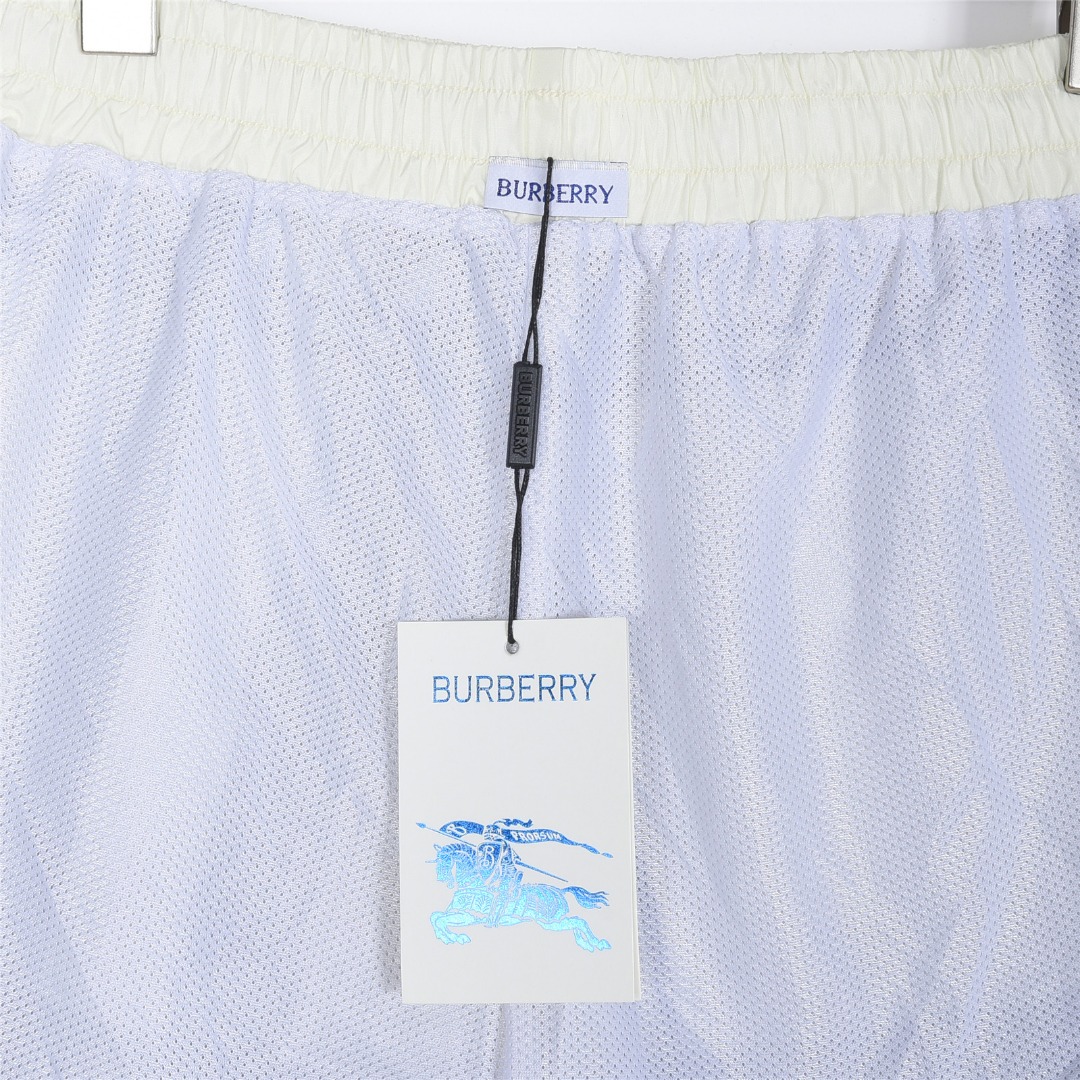 Burberry/巴宝莉格纹战马标沙滩短裤 腰际抽绳款沙滩休闲短裤白色 蓝色