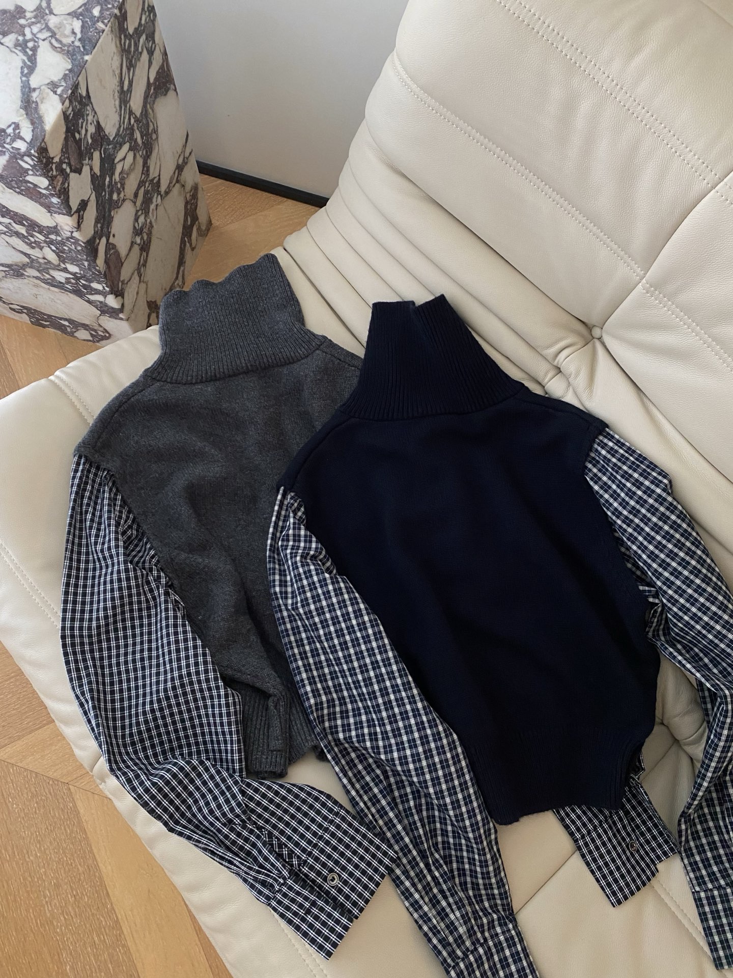 25。F秋冬 个性格子长袖拼接针织假两件高领毛衣 百搭气质的设计感撞色叠穿高级感满满 可搭配本期腰包中裤