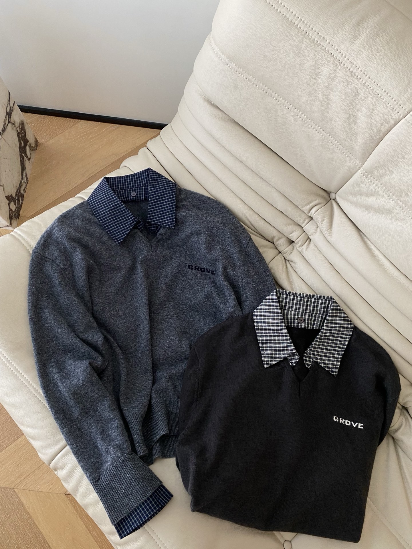 25。F秋冬 衬衣式假两件毛衣 格纹衬衣拼接假两件设计 很有叠穿感 假两件设计自带层次呈现不费力 采用羊