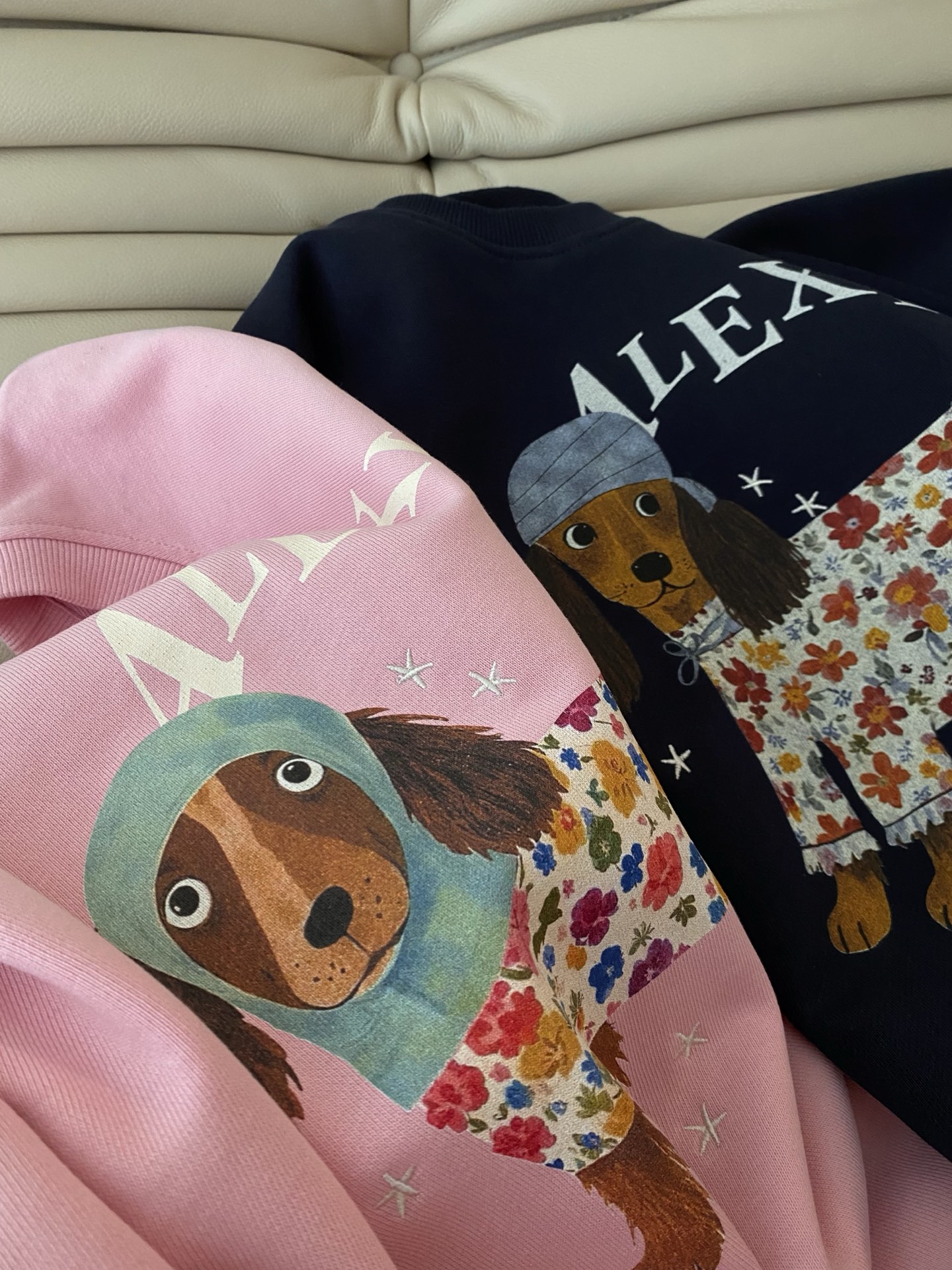 25。F秋冬 圆领萌宠卫衣 谁能拒绝这么萌的腊肠狗卫衣 粉粉嫩嫩的少女深邃湛蓝的复古调 两只时尚小狗穿着