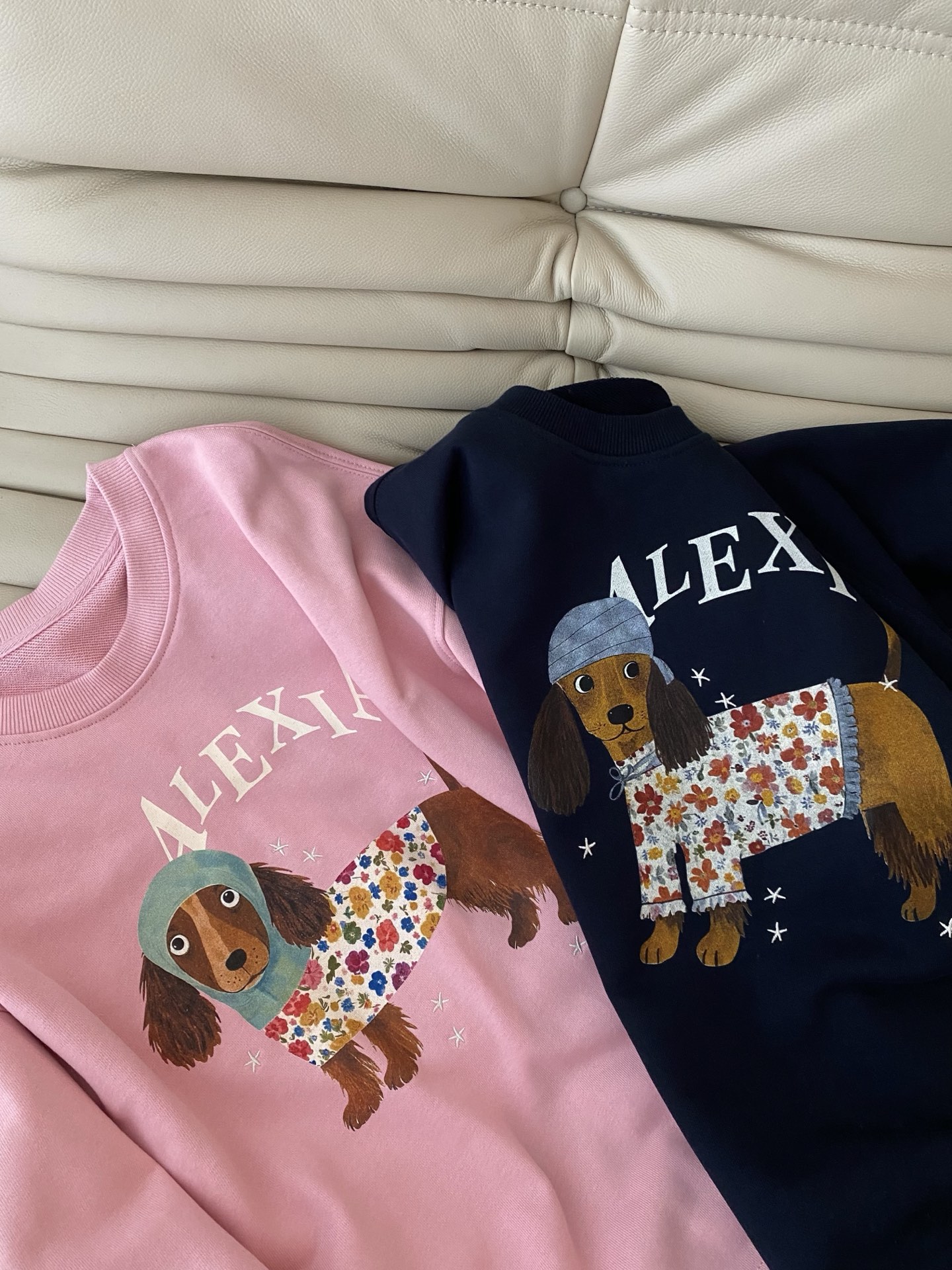 25。F秋冬 圆领萌宠卫衣 谁能拒绝这么萌的腊肠狗卫衣 粉粉嫩嫩的少女深邃湛蓝的复古调 两只时尚小狗穿着