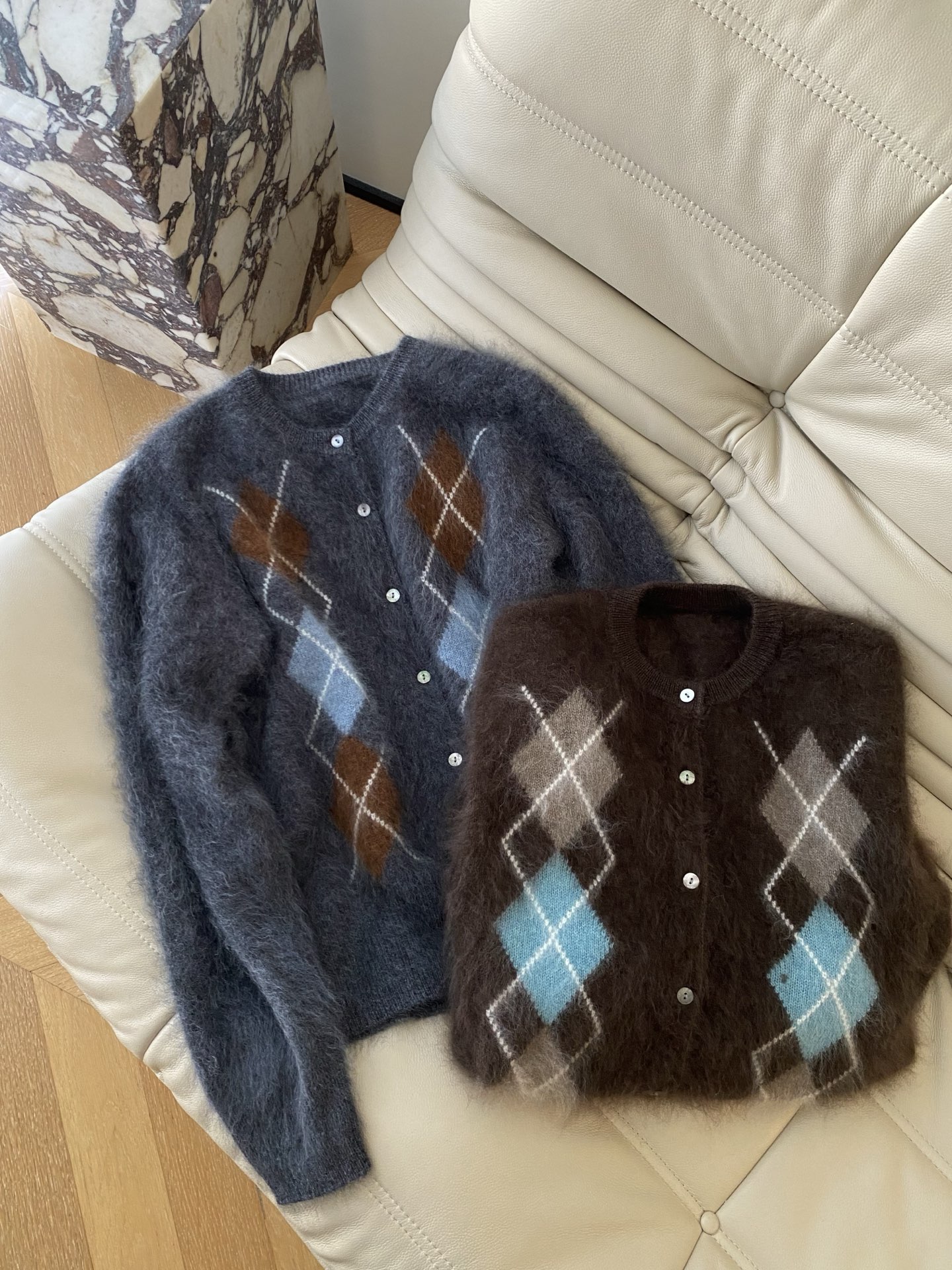Argyle Mohair Cardigan Sweater – Mint Blue and Beige, Soft & Cozy Knitwear