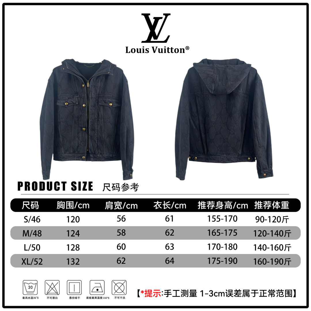 P450 🔘Louis Vuitton 26FW Chaqueta de mezclilla con capucha, Monogram oscuro en gris y negro, efecto envejecido* Medici…