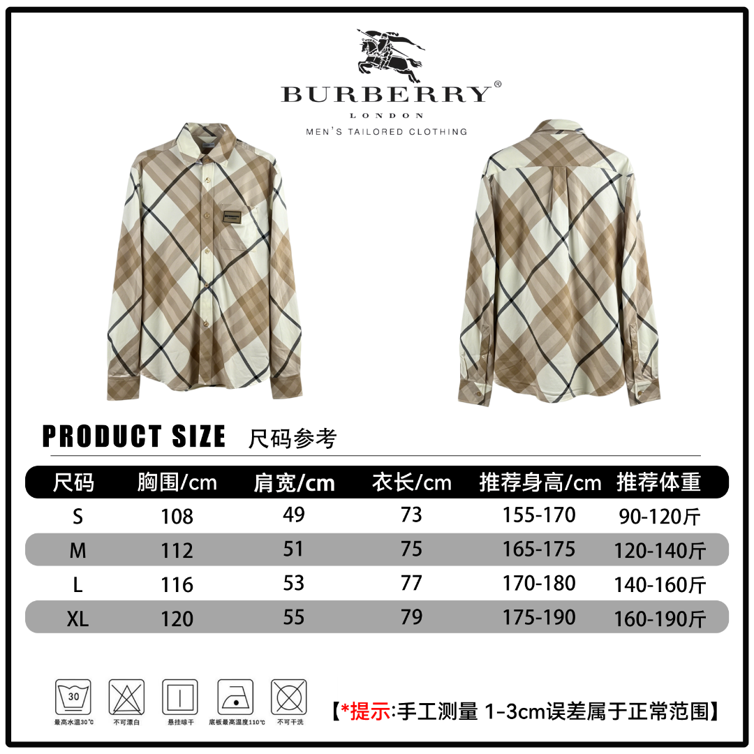 🔘『Referencia de tamaño』 🔘Burberry𝐁𝐮𝐫𝐛𝐞𝐫𝐫𝐲 Camisa de manga larga con etiqueta de cuero a cuadros diagonal 26SS…
