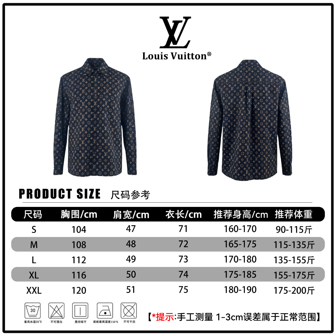 P165 🔘 Louis Vuitton 26SS Classic Monogram Full-Print Long-Sleeve Shirt* Hand-measured, 1-3cm error possible*