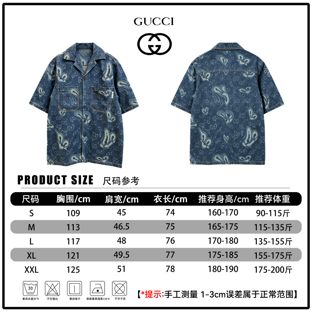 🔘『Referencia de talla』 🔘Gucci 𝐆𝐮𝐜𝐜𝐢 26SS Colección cápsula Camisa de manga corta vaquera con estampado de cachem…