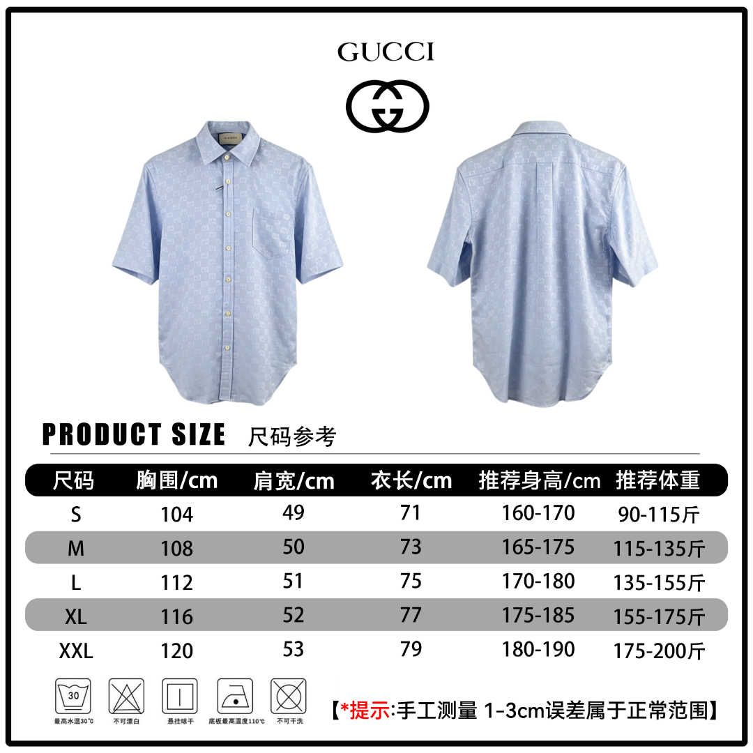 🔘『Referencia de talla』 🔘Gucci 𝐆𝐮𝐜𝐜𝐢 26SS Camisa de manga corta con estampado de letras doble G * Medición manual…