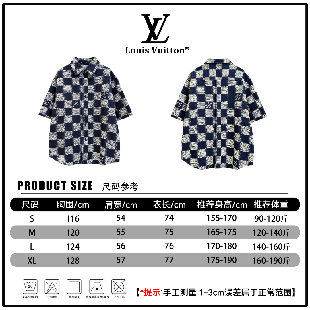P215 🔘Louis Vuitton 26SS Navy Check Short Sleeve Shirt* Hand measurement, may have 1-3cm error*