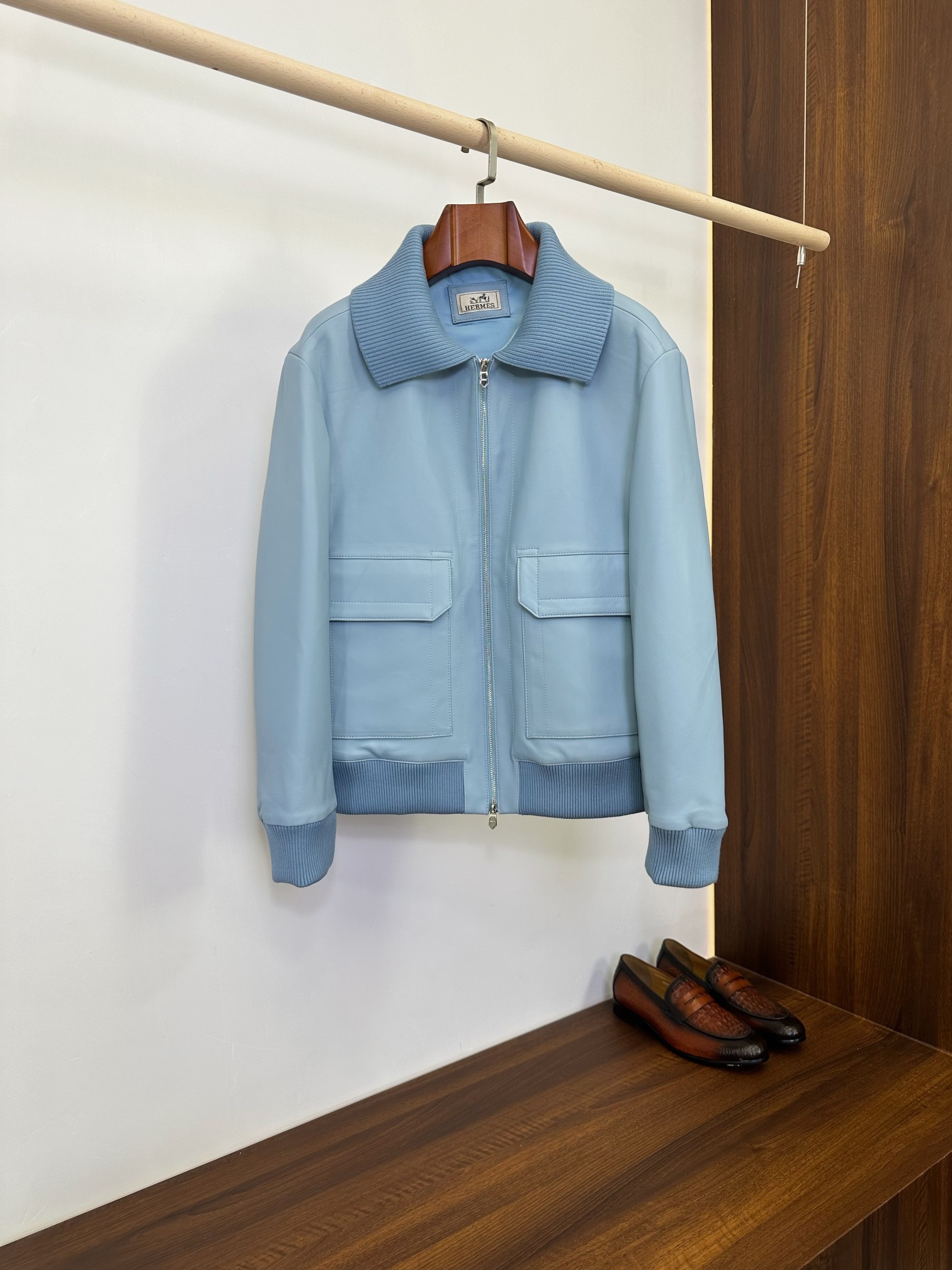 Hermes Blue Contrast Collar Zip Jacket