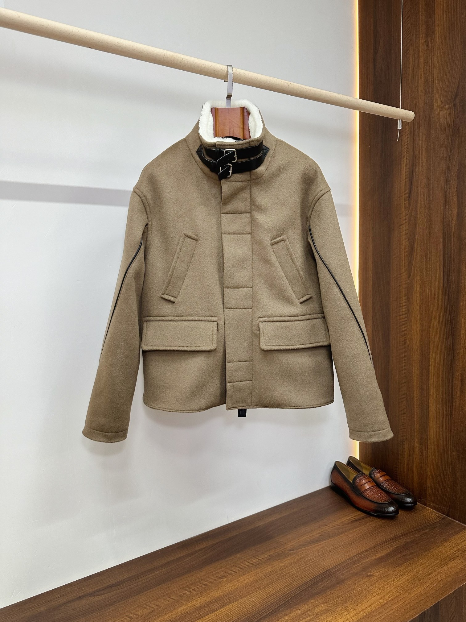 Hermes Taupe Stand Collar Flap Pocket Jacket
